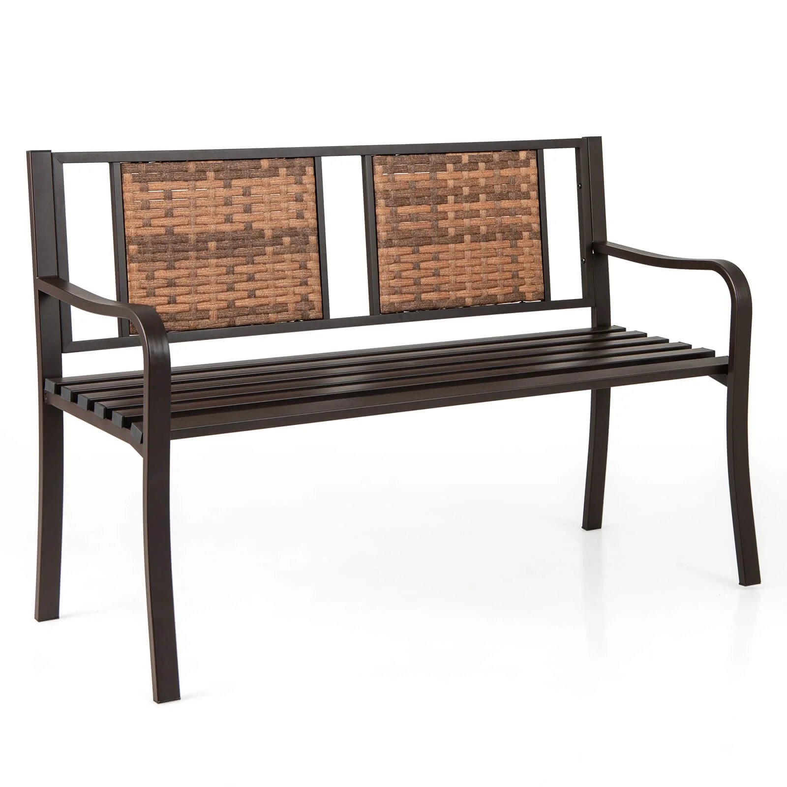 Costway Patio Garden Bench Steel Frame Rattan Backrest Park Yard Outdoor Porch Furniture - Image 10