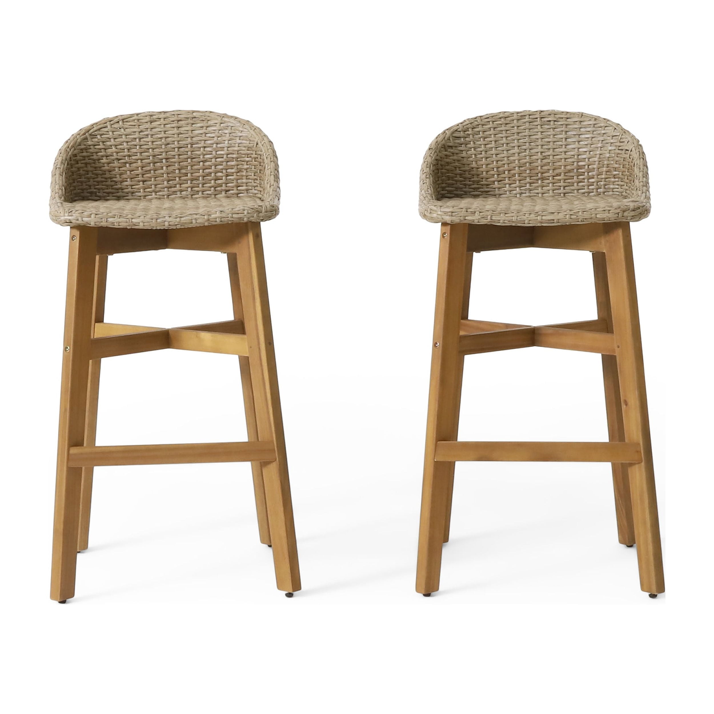 Borah Wicker and Acacia Wood Outdoor Barstools, Set of 2, Light Multibrown and Teak - Image 2