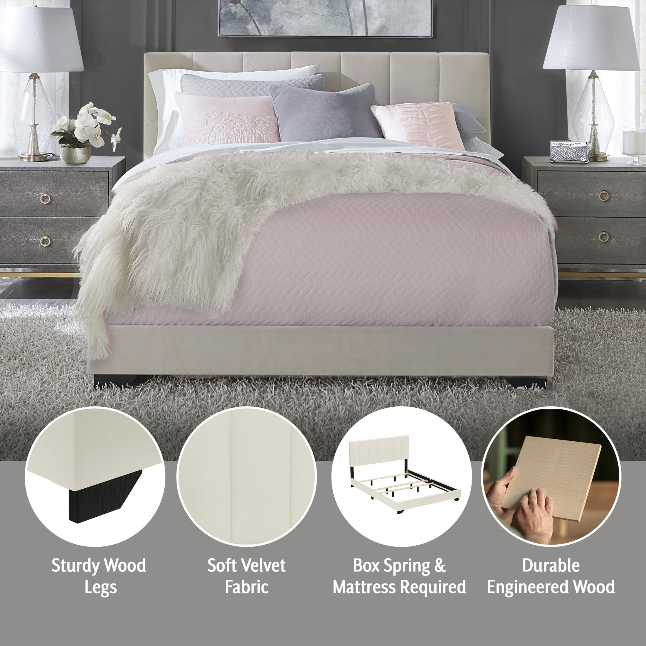 Reece Channel Stitched Upholstered Queen Bed, Ivory, by Hillsdale Living Essentials - Image 3