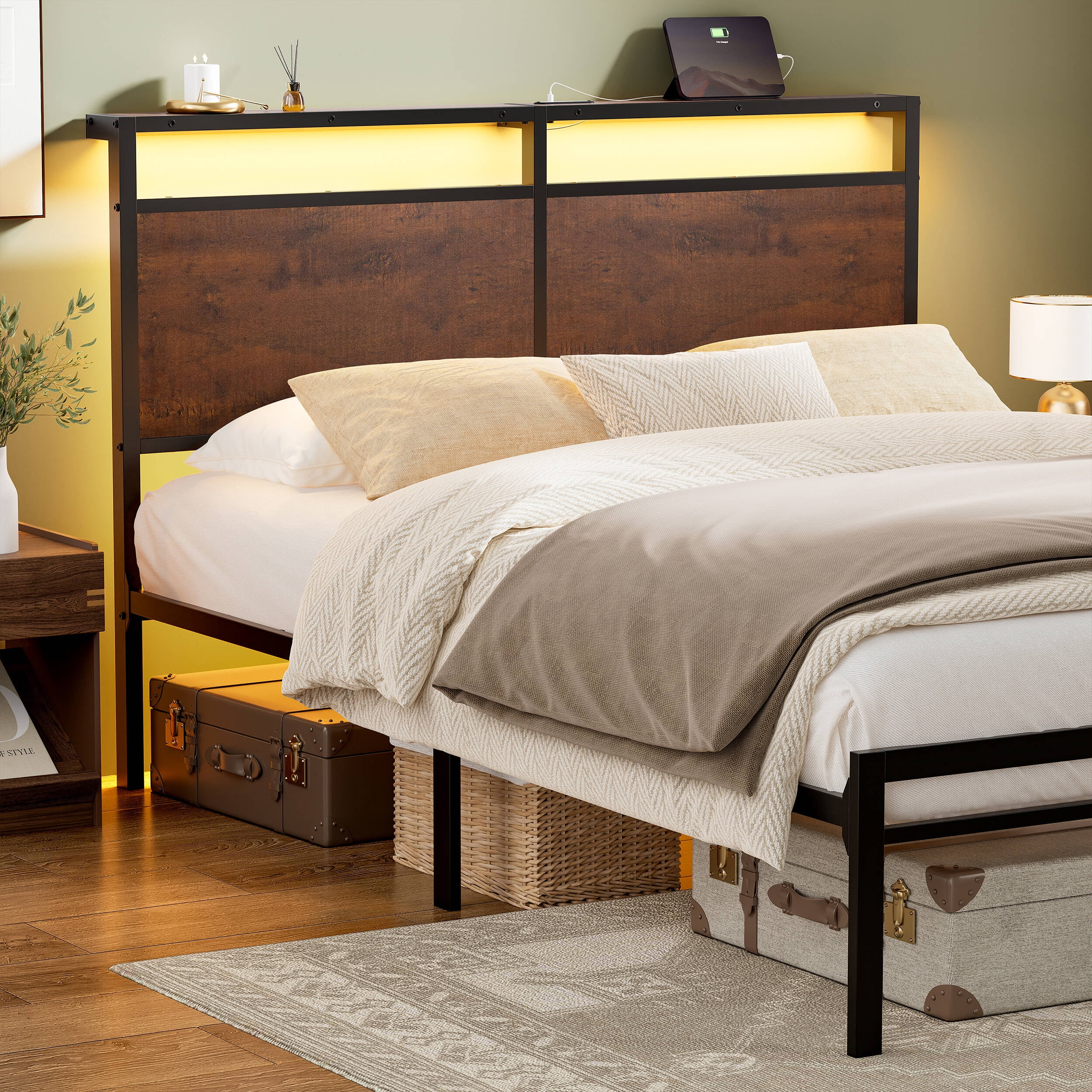 GUNAITO Queen Bed Frame with Headboard Metal Platform Bed with LED Lights and Charging Station, Rustic Brown - Image 8