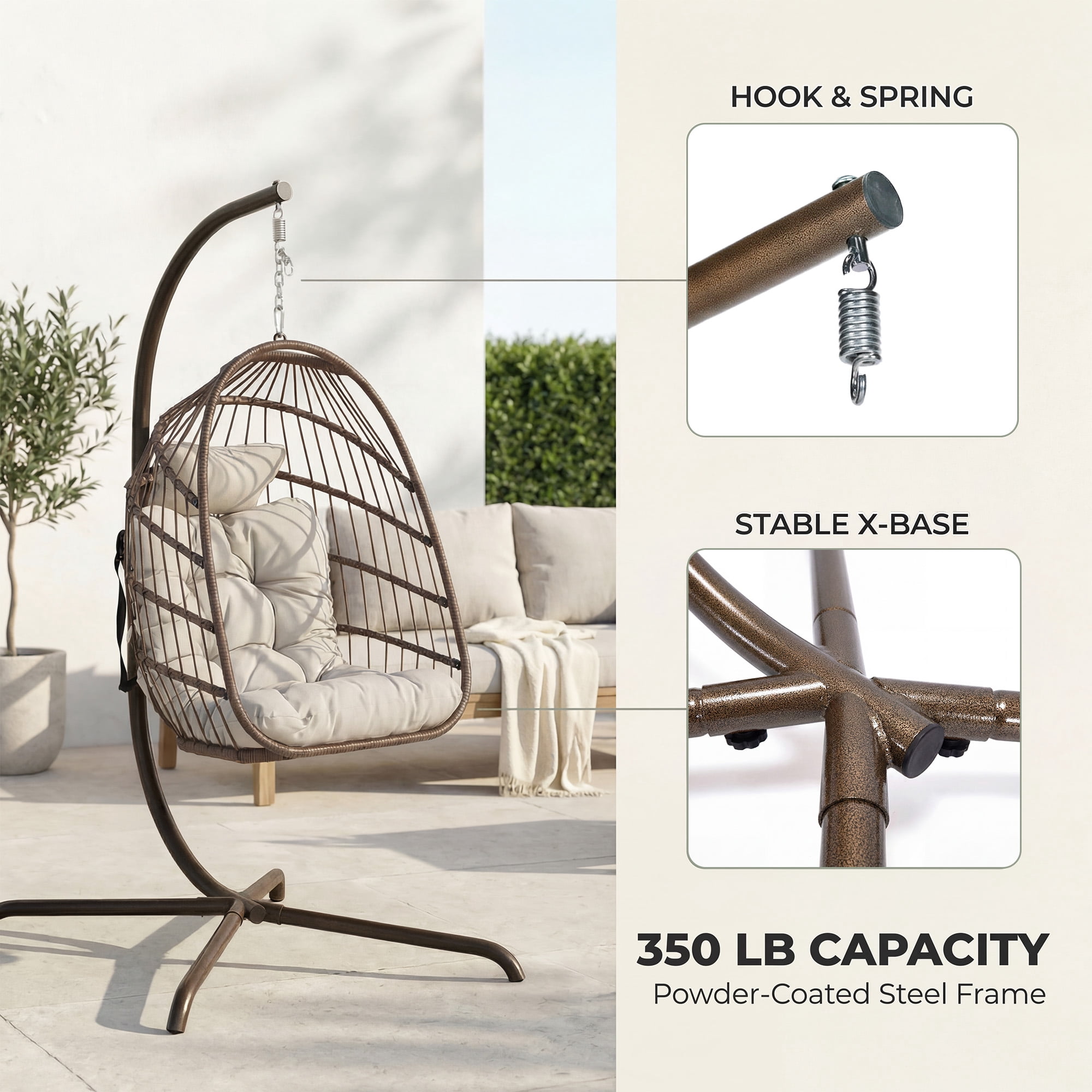 RADIATA Hanging Egg Chair with Stand, Outdoor Indoor Wicker Swing Chair with Cushions, 350lbs Capacity Patio Hammock Chair for Backyard, Balcony, Brown - Image 6