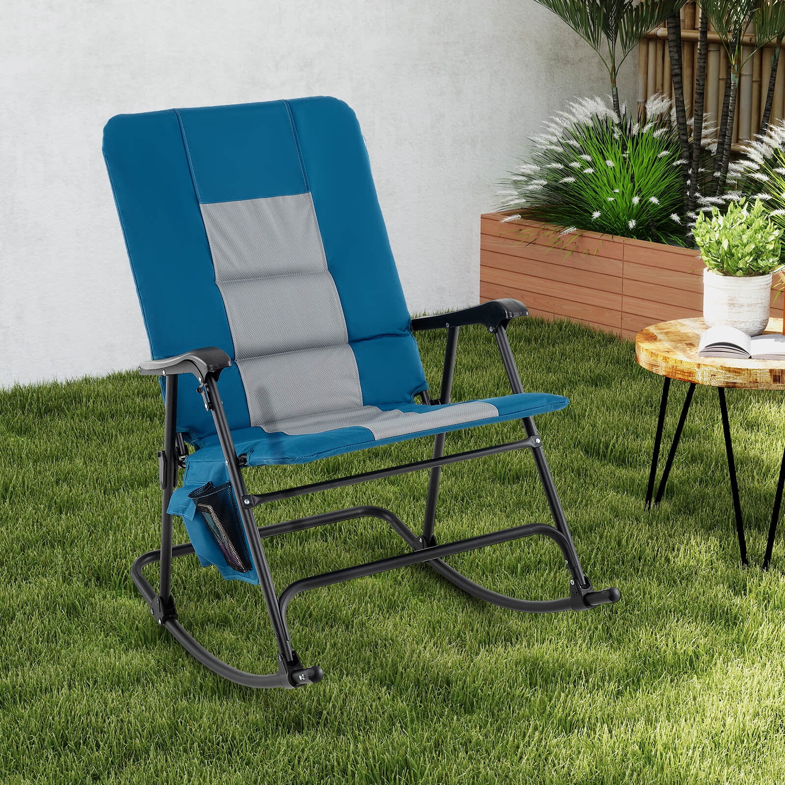 Costway Oversized Folding Rocking Chair with Metal Frame Armrests Side Pocket for Backyard - Image 8