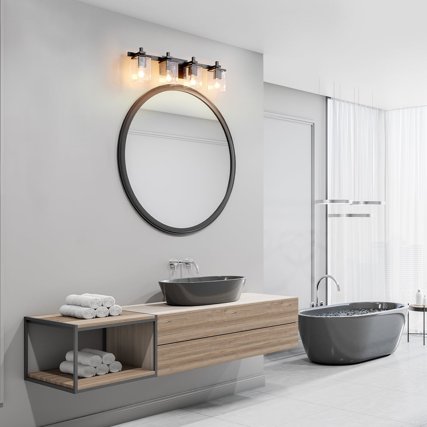 Globe Electric Dakota 4-Light Matte Black Vanity Light with Seeded Glass Shades, 91002216 - Image 2