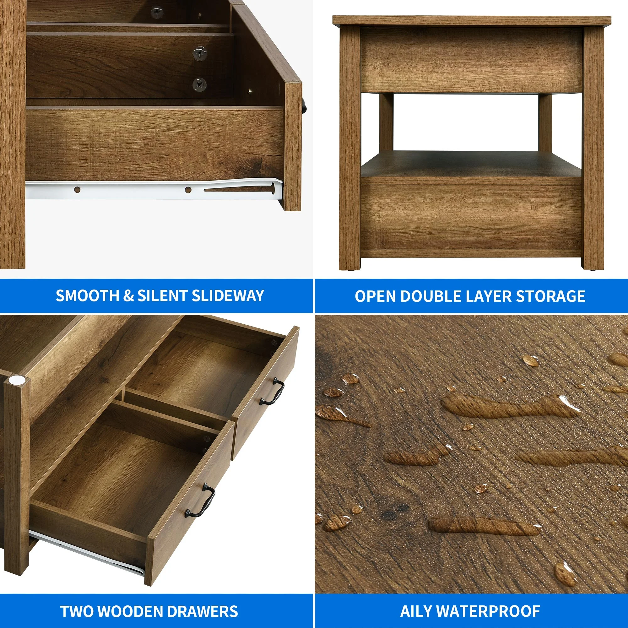 Dextrus Wood Lift Top Coffee Tables with 2 Storage Drawers for Living Room Office, Rustic Brown - Image 4