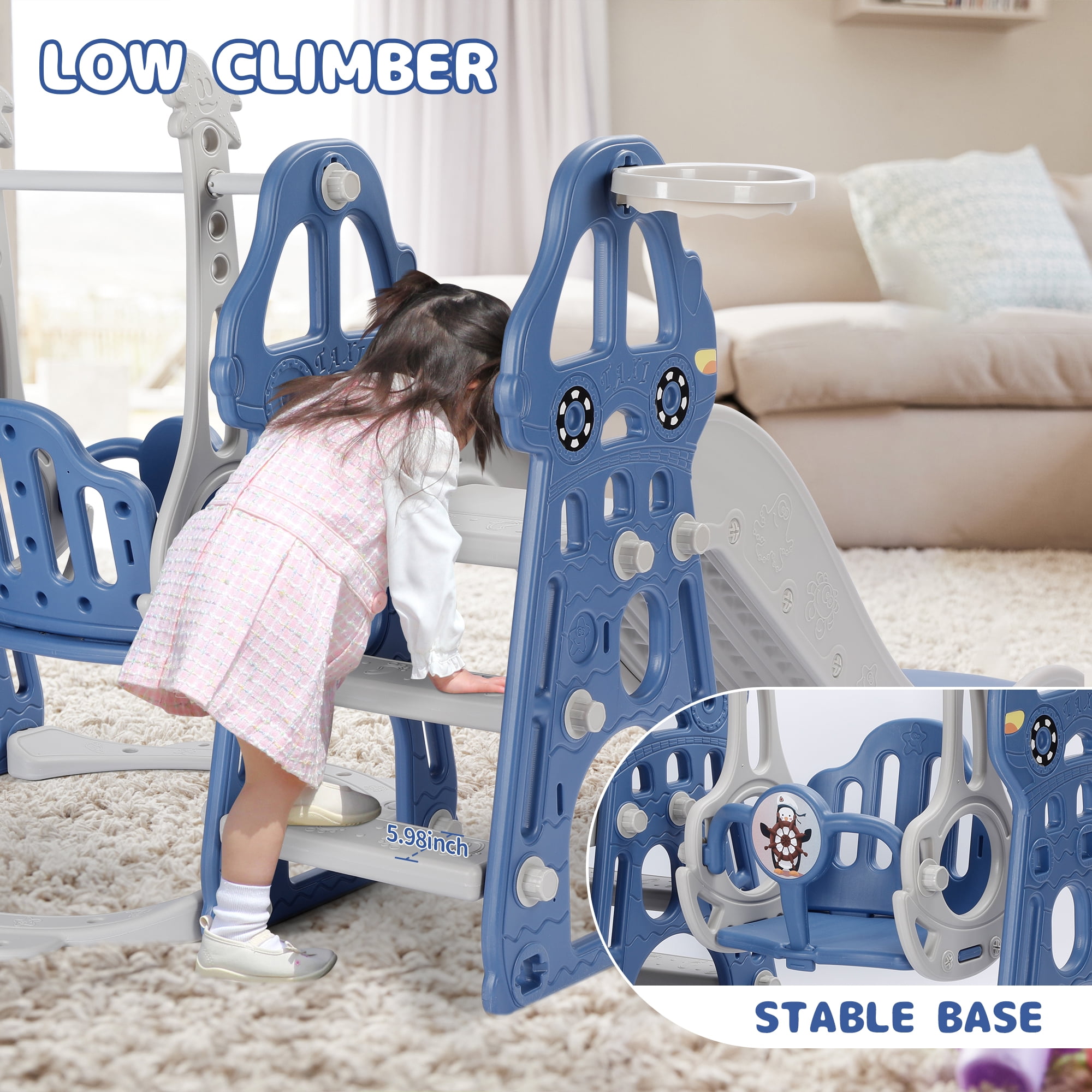 Easoger 4 in 1 Toddler Swing and Slide Unisex Child & Teen Swing Sets, Blue, 110 lb - Image 2