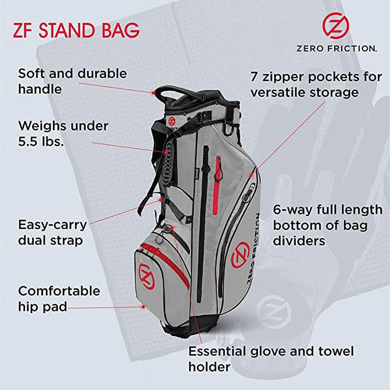 Zero Friction Stand Bag (6-way top, Gray, Bonus Towel and Glove) Golf NEW - Image 6