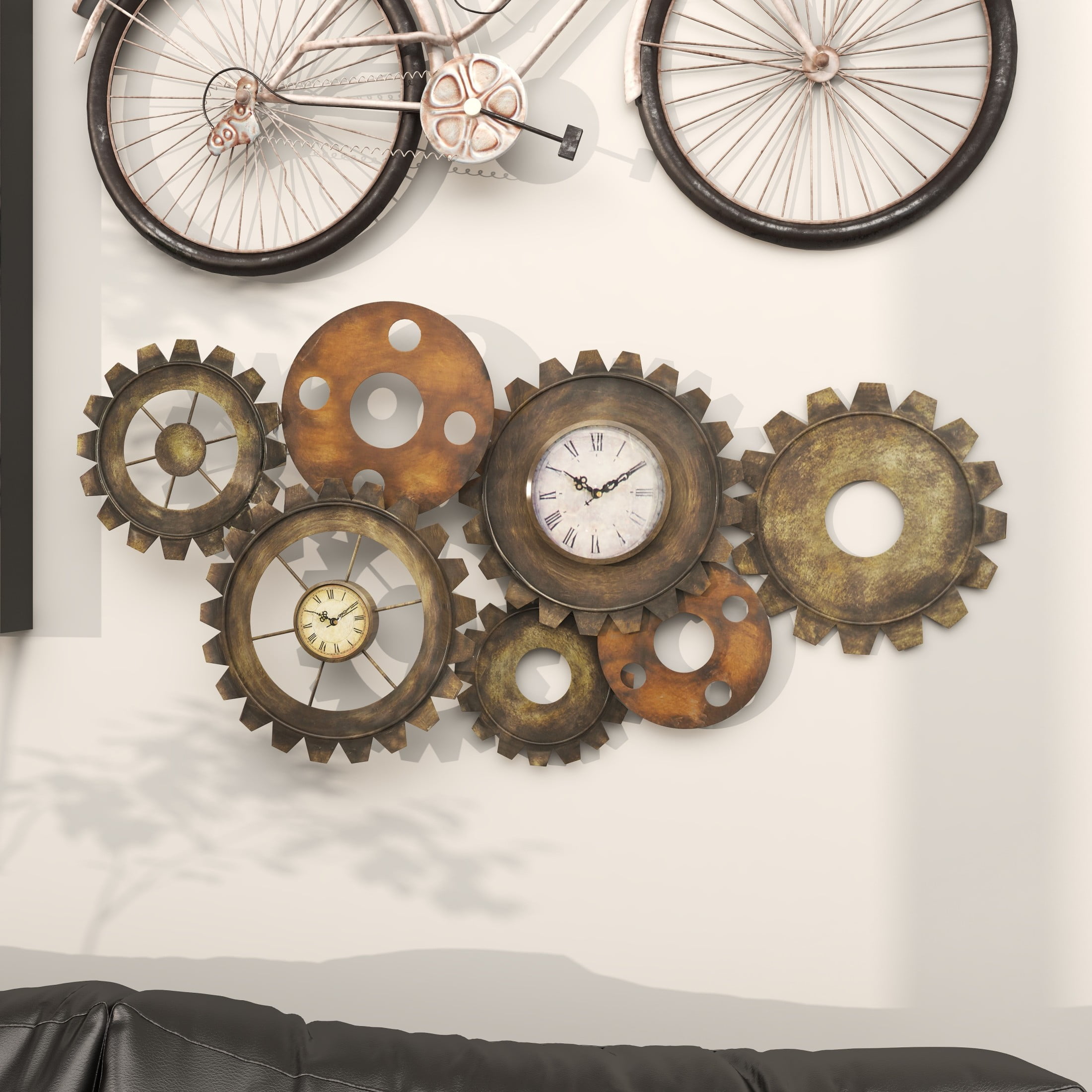 DecMode 34" x 17" Brown Metal Gear Vintage Weathered Dual Wall Clock - Image 6