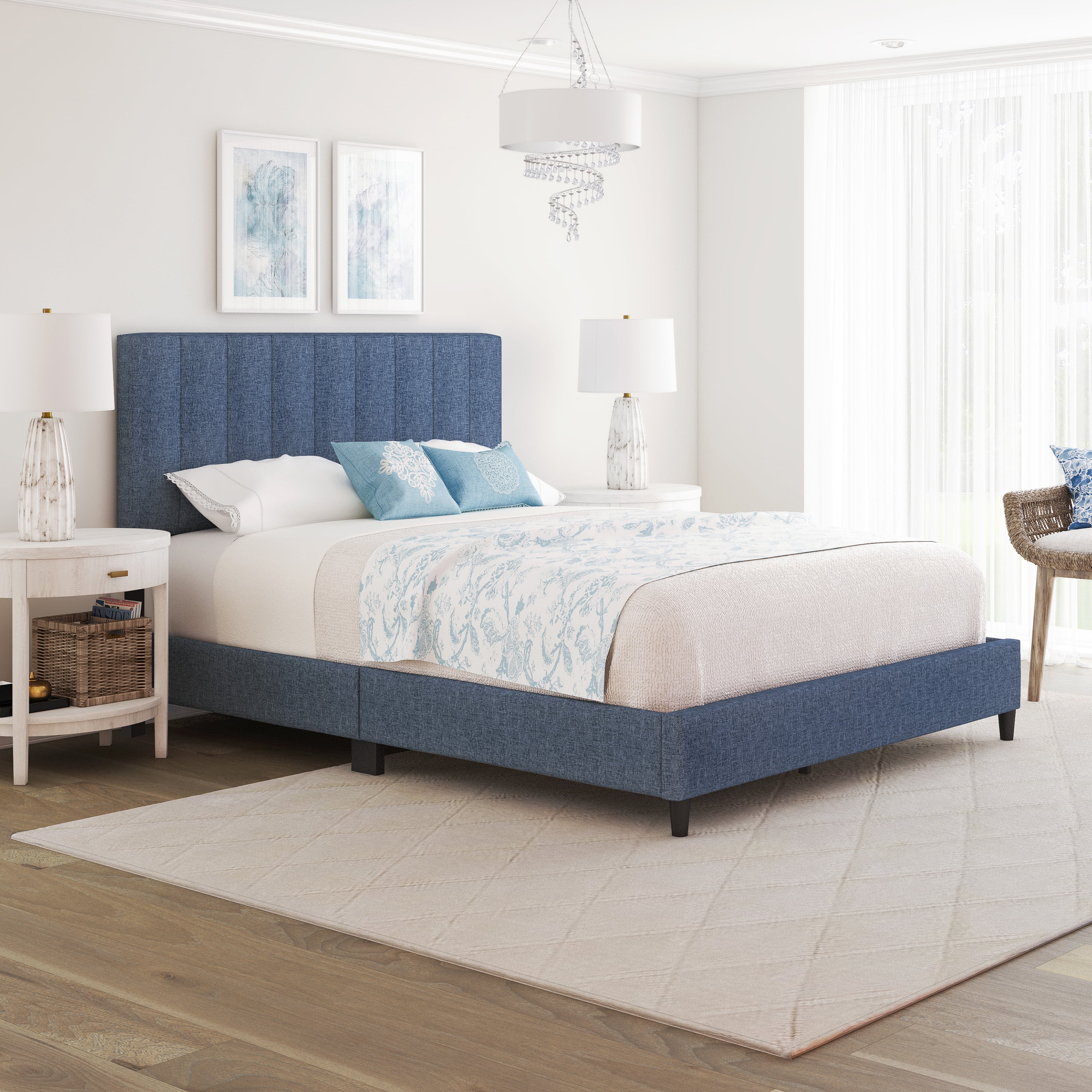 Boyd Sleep Leah Blue Linen Full Size Fully Upholstered Platform Bed Frame with Adjustable Headboard - Image 6