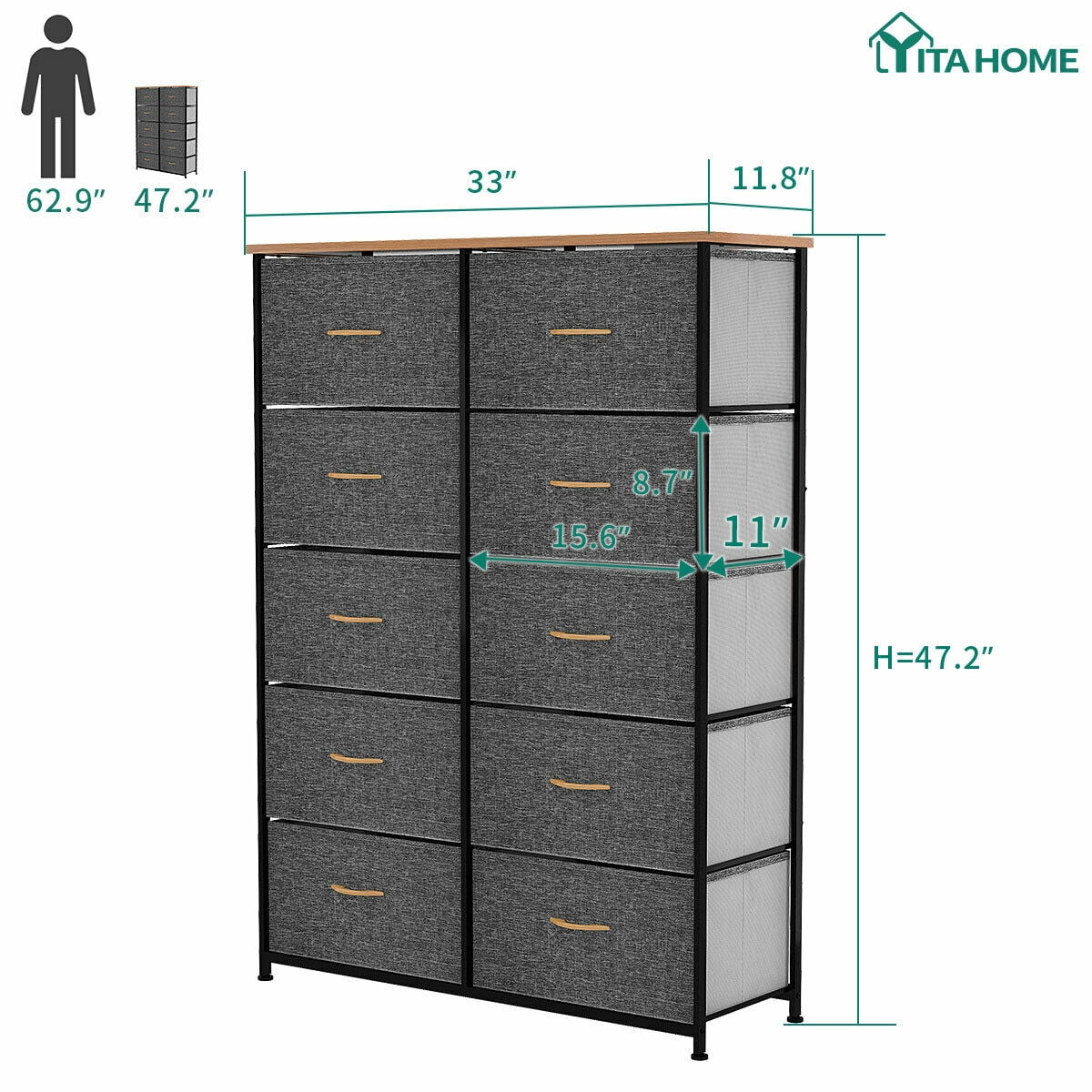 YITAHOME 10-Drawer Fabric Dresser with Wooden Top, Steel Frame, Dark Gray – Adult Storage Organizer - Image 6