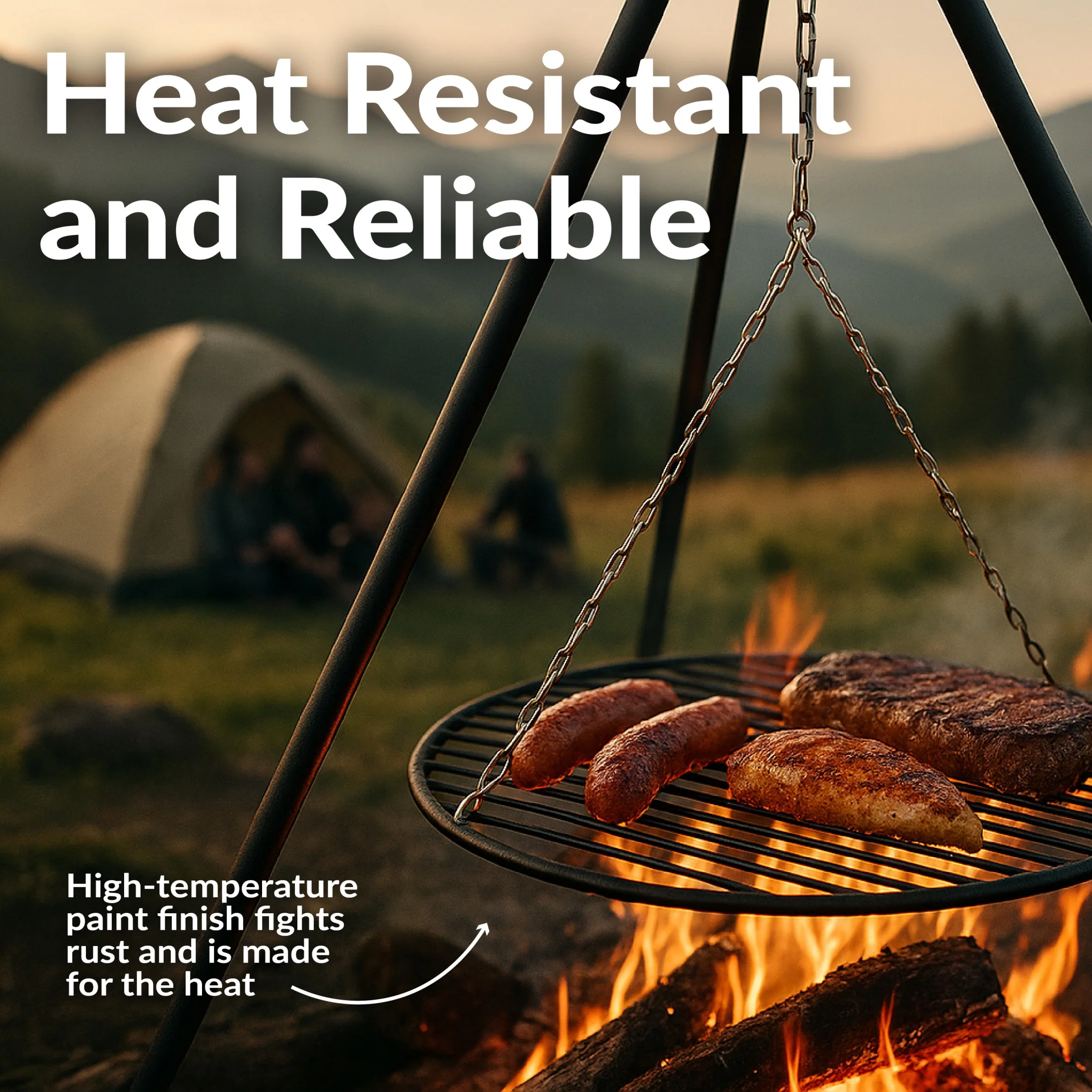 Sunnydaze 22" x 22" Powder-Coated Steel Black Round Tripod Fire Pit Cooking Grill System - Image 11