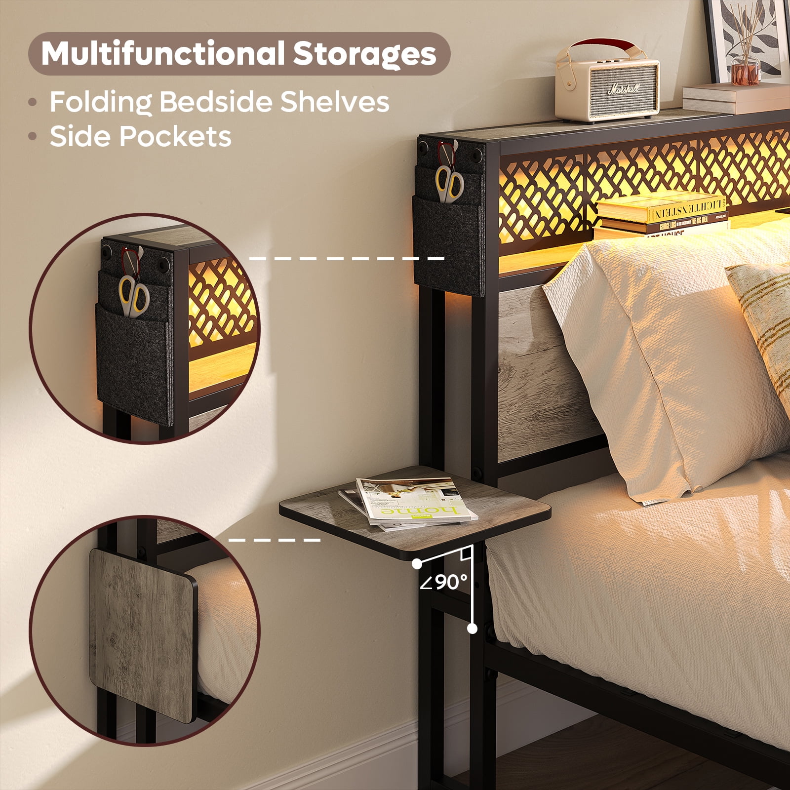 Bestier Queen Size Platform Bed Frame with Wood Foldable Bedside Shelves and LED Storage Headboard Charge Station, Gray - Image 6