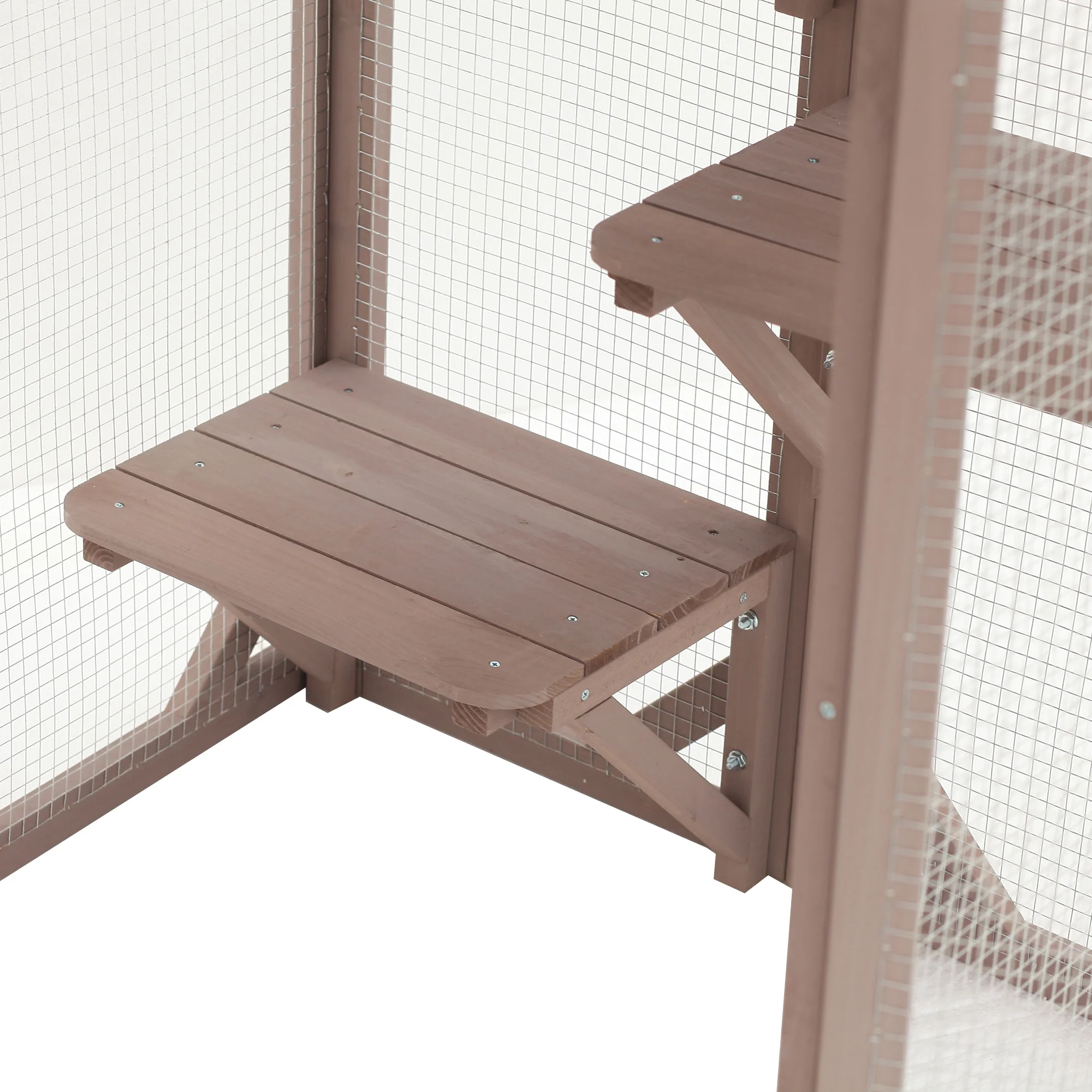 PawHut Wooden Outdoor Cat House Catio Kitten Enclosure Indoor Cage with Asphalt Roof, Multi-Level Platforms and Large Enter Door - 71"L, Brown - Image 2