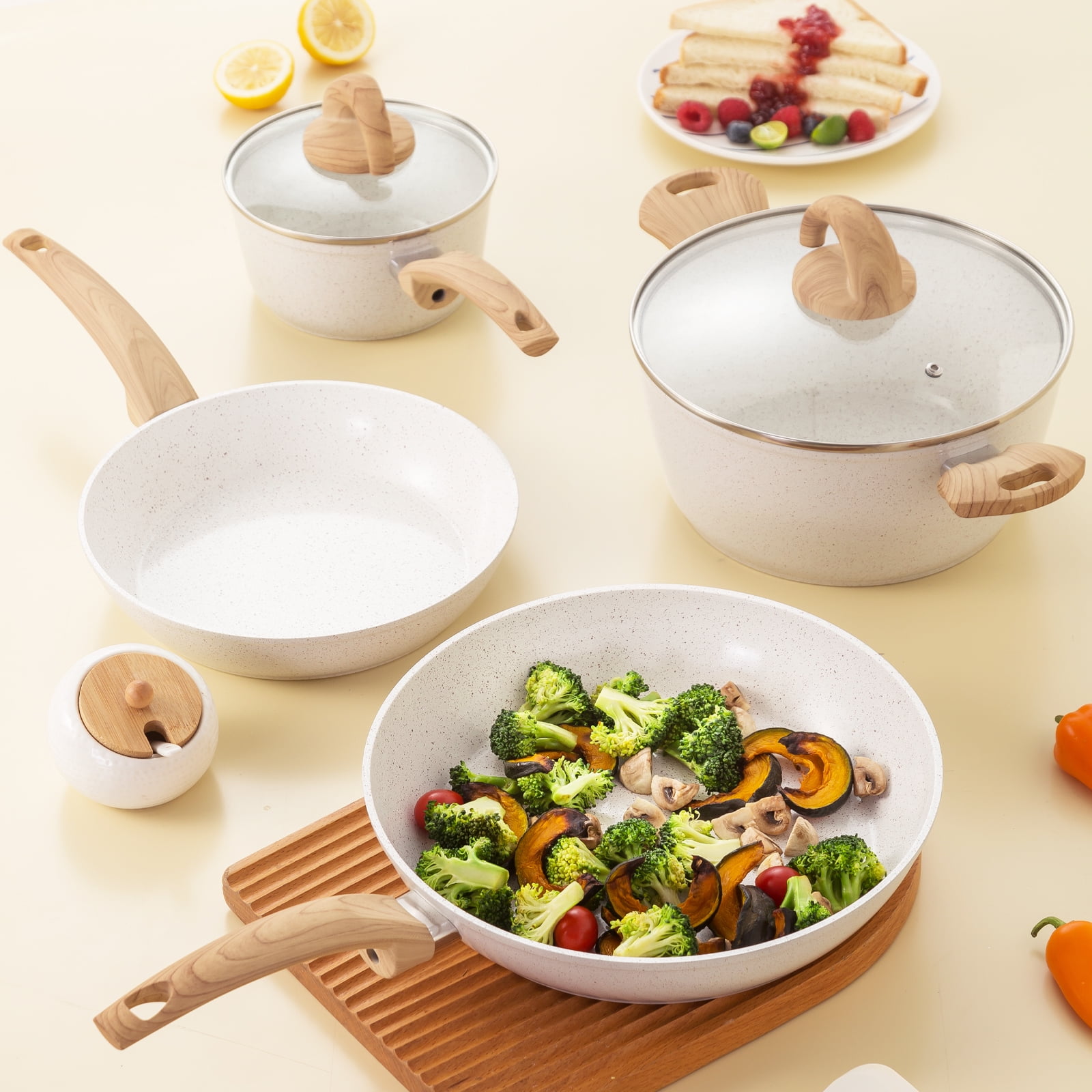 Vkoocy 6pcs Nonstick Ceramic Cookware Set, Non Stick Pots and Pans Set White Granite pattern - Image 2