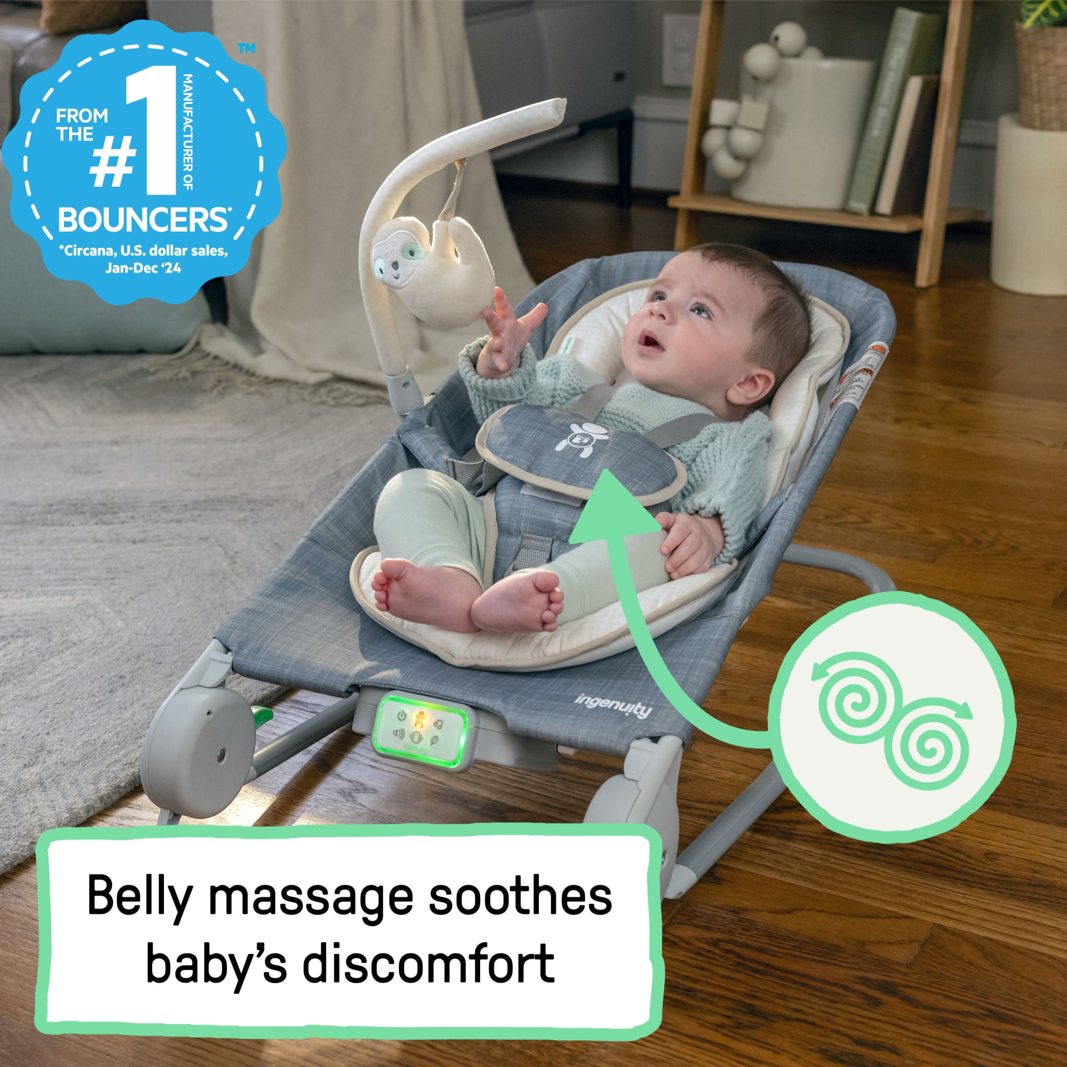 Ingenuity Happy Belly Rock-to-Bounce Seat, For Ages 0-6 Months, Unisex, Grey - Parker - Image 9