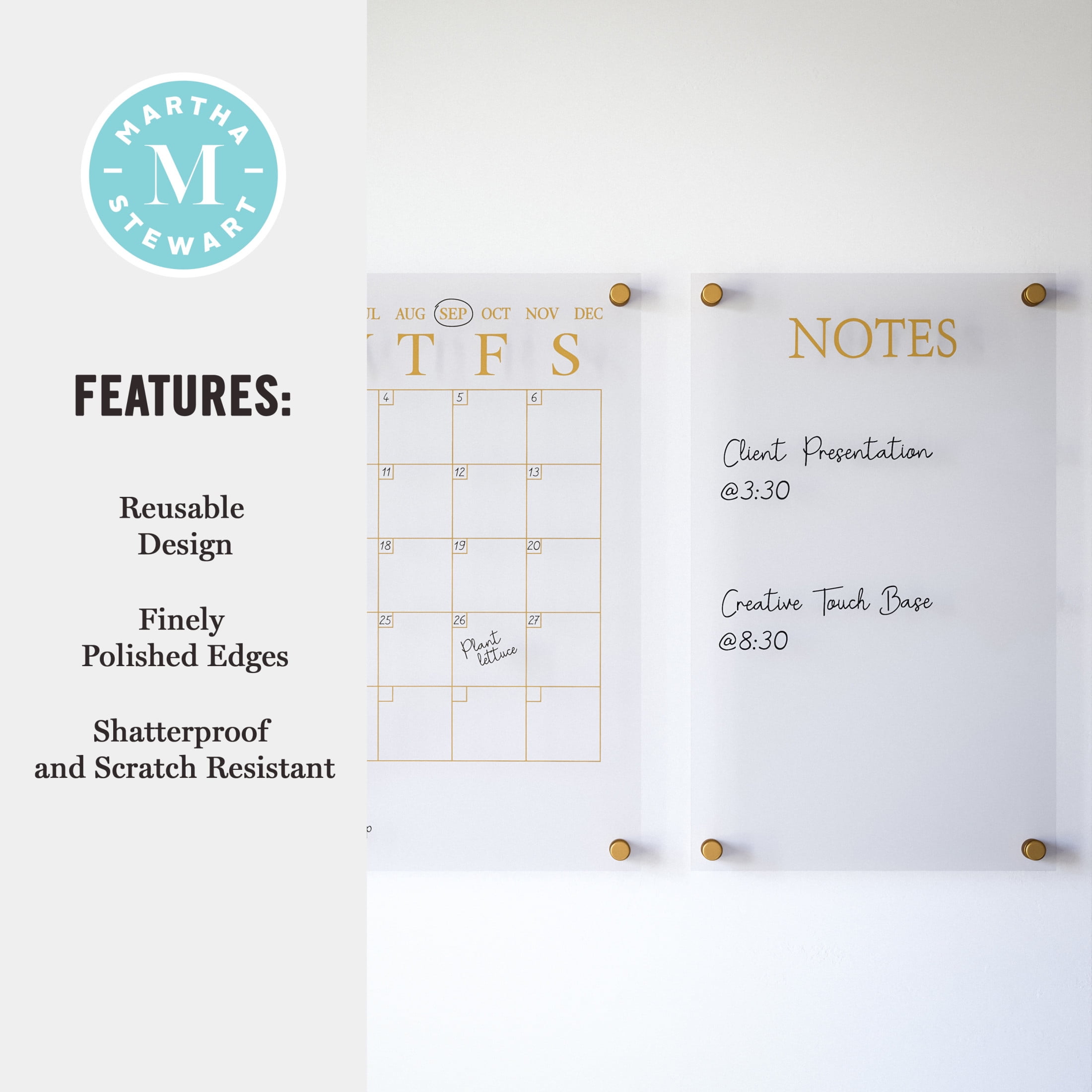 Martha Stewart Grayson Acrylic Wall Calendar and Notes Board Set with Dry Erase Marker and Mounting Hardware, Clear with Gold Print - Image 5
