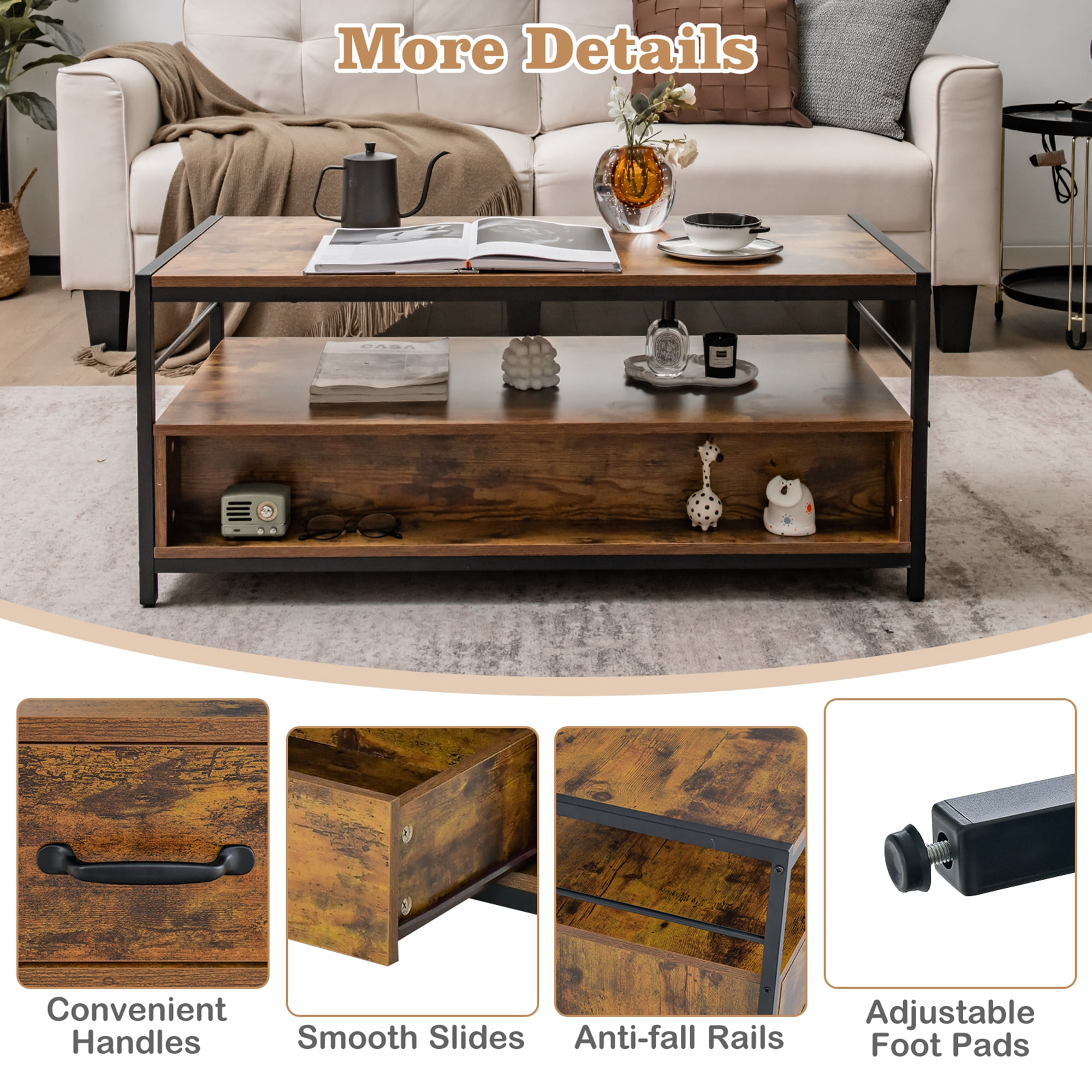 Costway Coffee Table with Storage Drawers& Shelf Coffee Table with Metal Frame for Living Room - Image 9