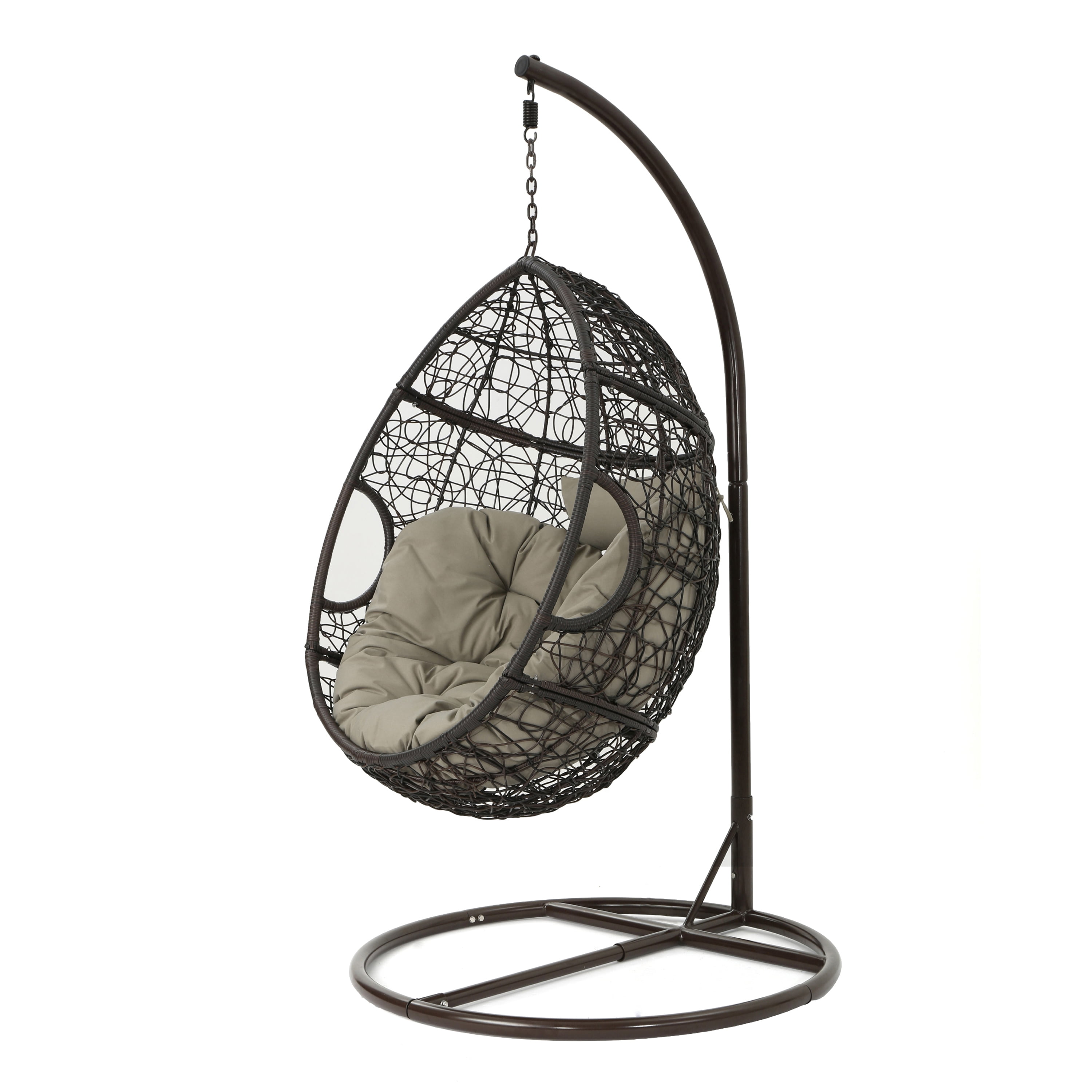 Casey Outdoor Wicker Hanging Basket Chair with Cushions and Iron Base,Khaki,Brown,Multibrown - Image 3