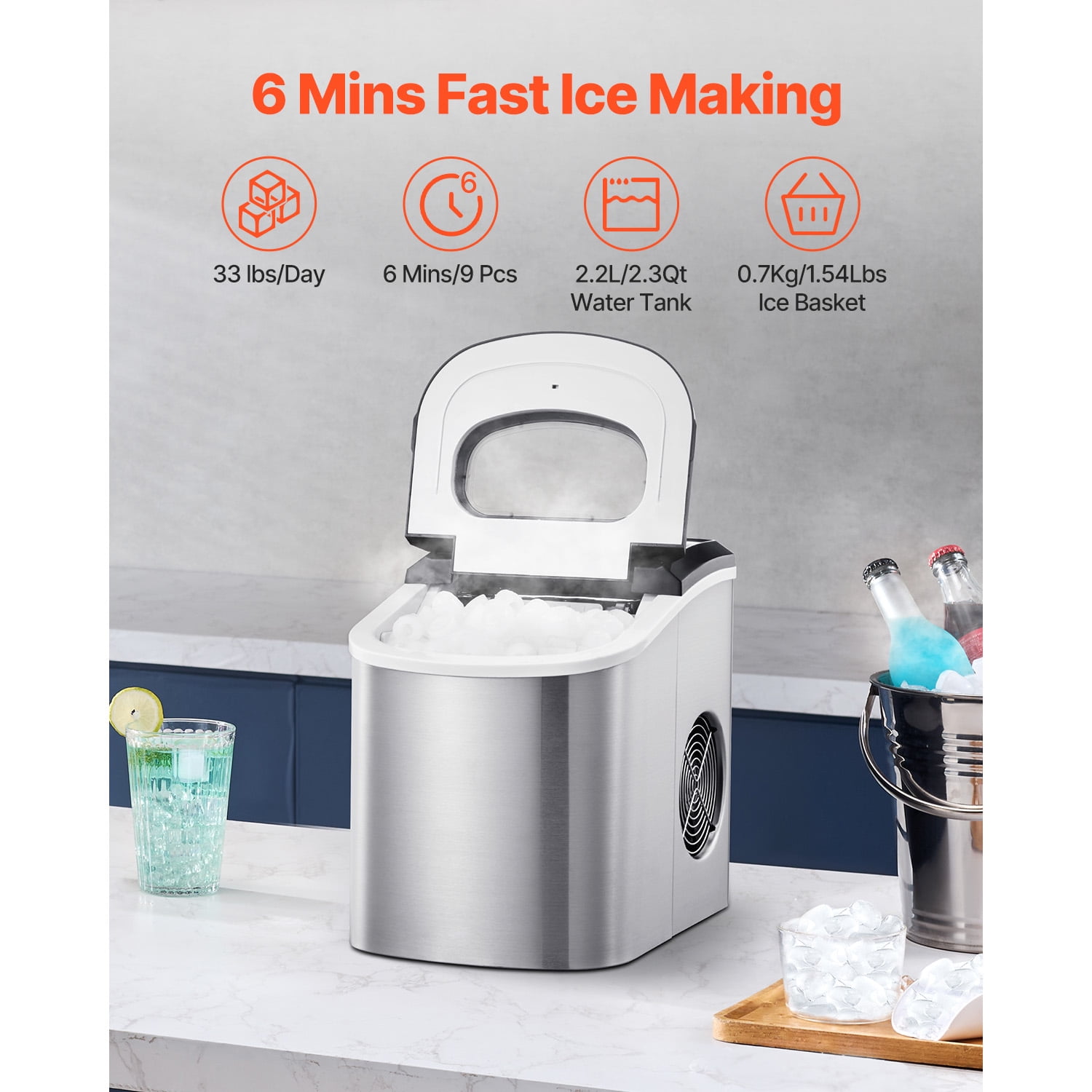 VEVOR Portable Countertop Ice Maker 33lbs/24H,Manual & Auto Refill Self-Cleaning with Scoop Basket,9 Cubes Ready in 7 Minutes, with Scoop and Basket 「00000000ABCDEFG」 - Image 8