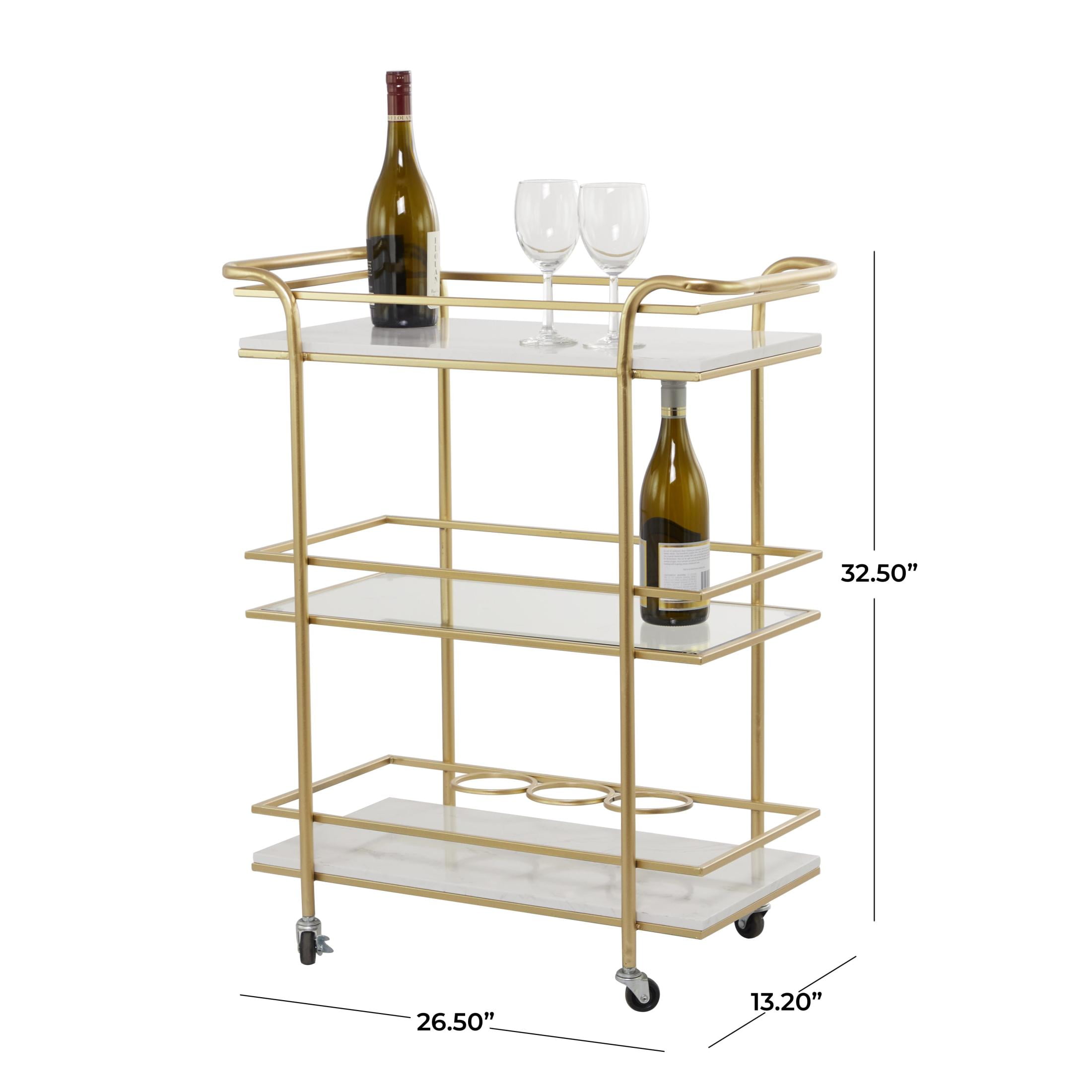 DecMode 27" x 33" Gold Marble Rolling 2 Shelf Bar Cart with Handles, 1-Piece - Image 10
