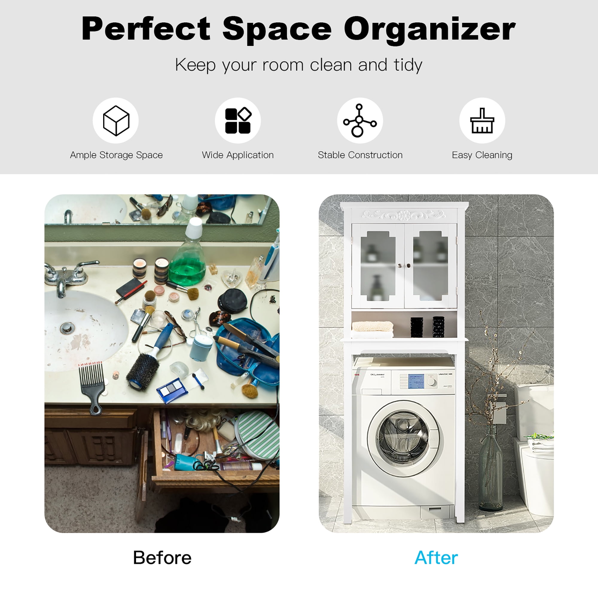 Costway Over The Toilet Bathroom Space Saver Carved Top Toilet Rack w/ Adjustable Shelf - Image 11