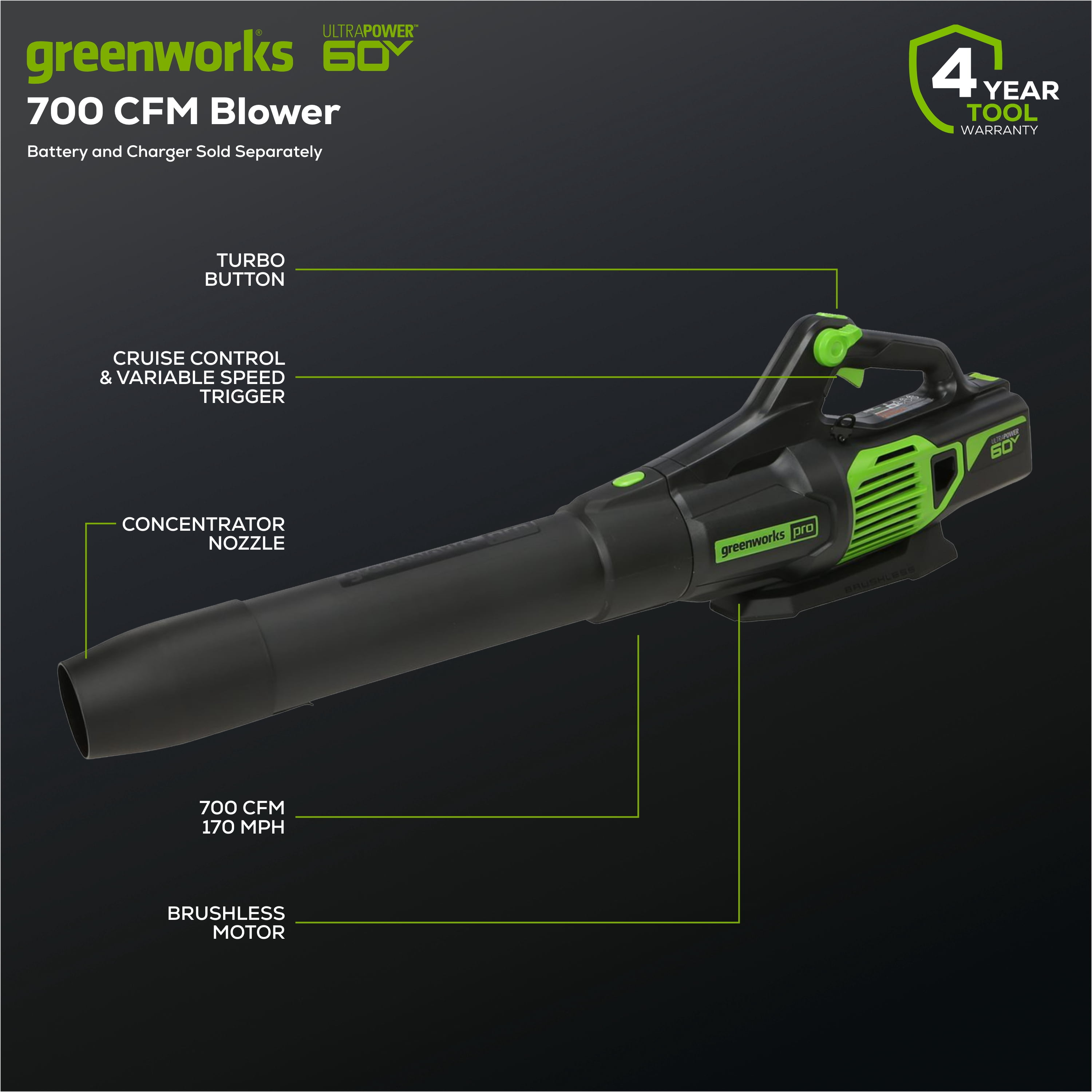 Greenworks 60V 170 mph at 700 Cfm Brushless Leaf Blower, Tool Only 2419502T - Image 14