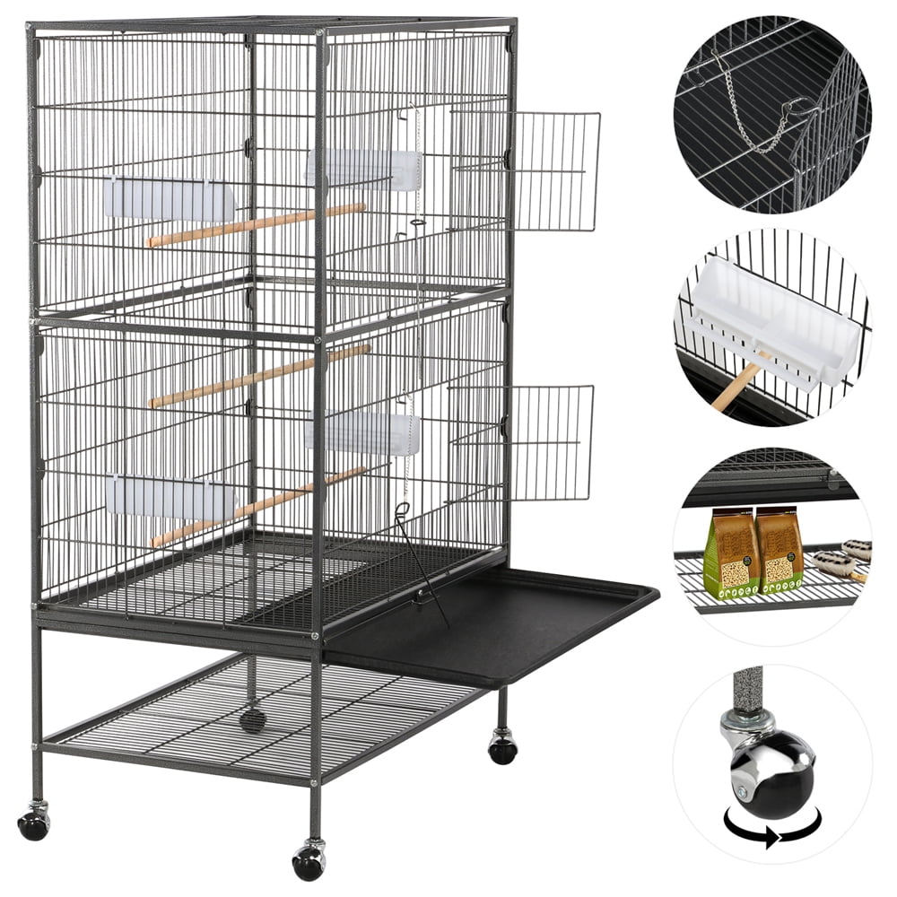 Alden Design 52" Large Metal Rolling Bird Cage Parrot with Perches Feeders Storage Shelf for Lovebird Cockatoo Conure, Black - Image 3