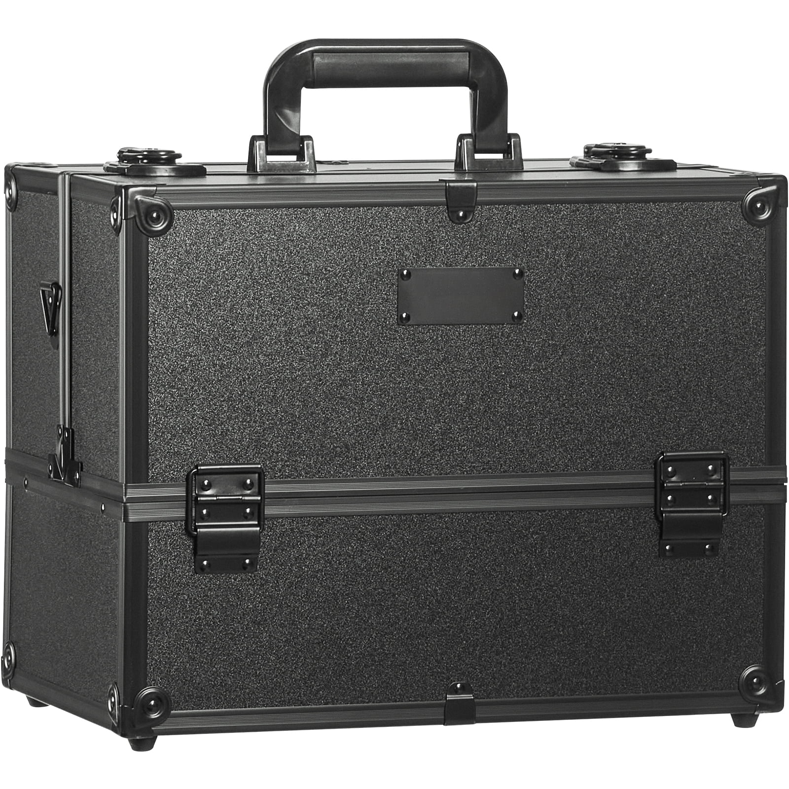 KFFKFF Beauty Storage Case 14.6 inch, Portable Large Cosmetic Container, 6 Layered Trays Professional Makeup Organizer Box, Carrier with Handle and Strap, Travel Case for Women and Girls - Black - Image 3