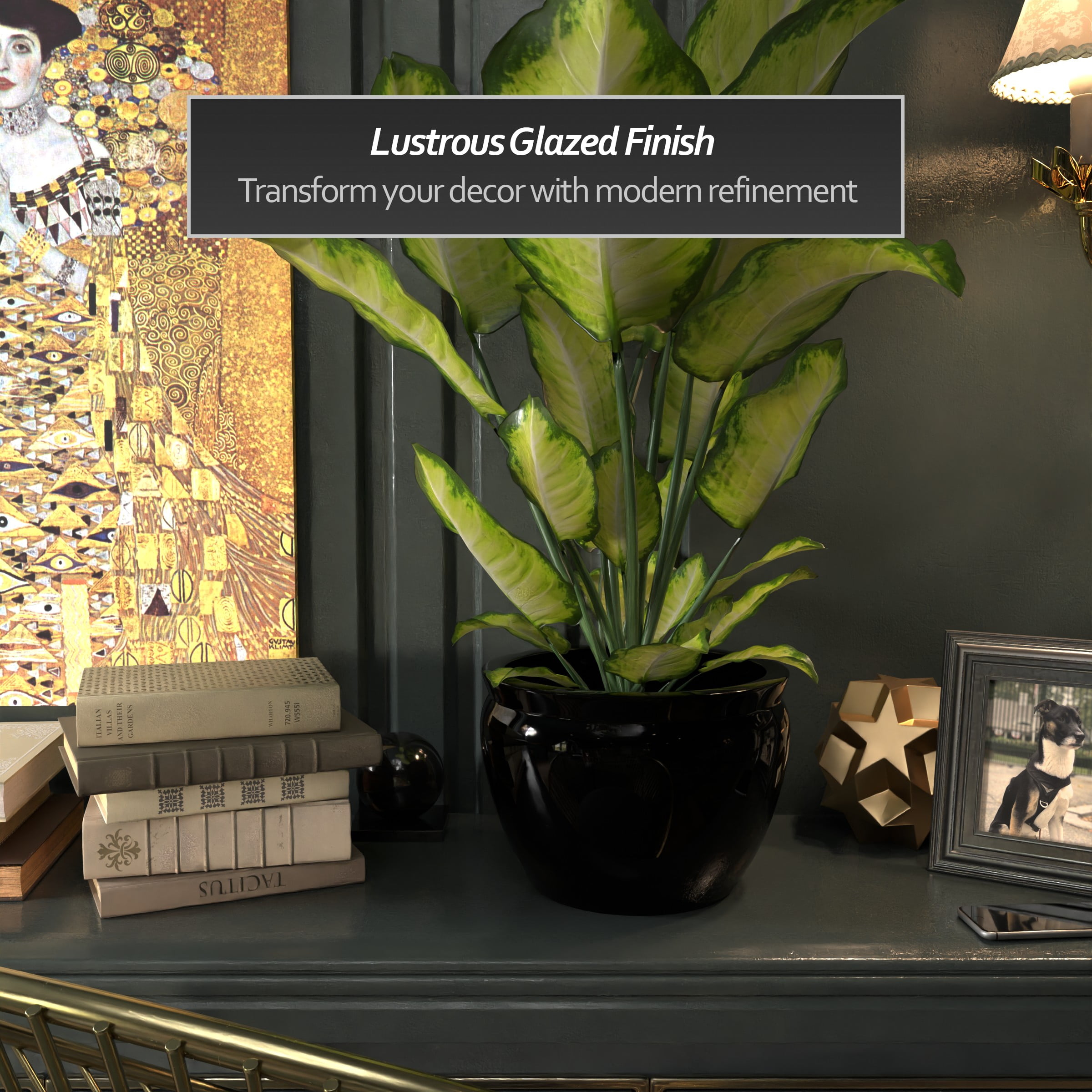 Red Lantern 12" Solid Black Porcelain Fishbowl Planter - Image 5