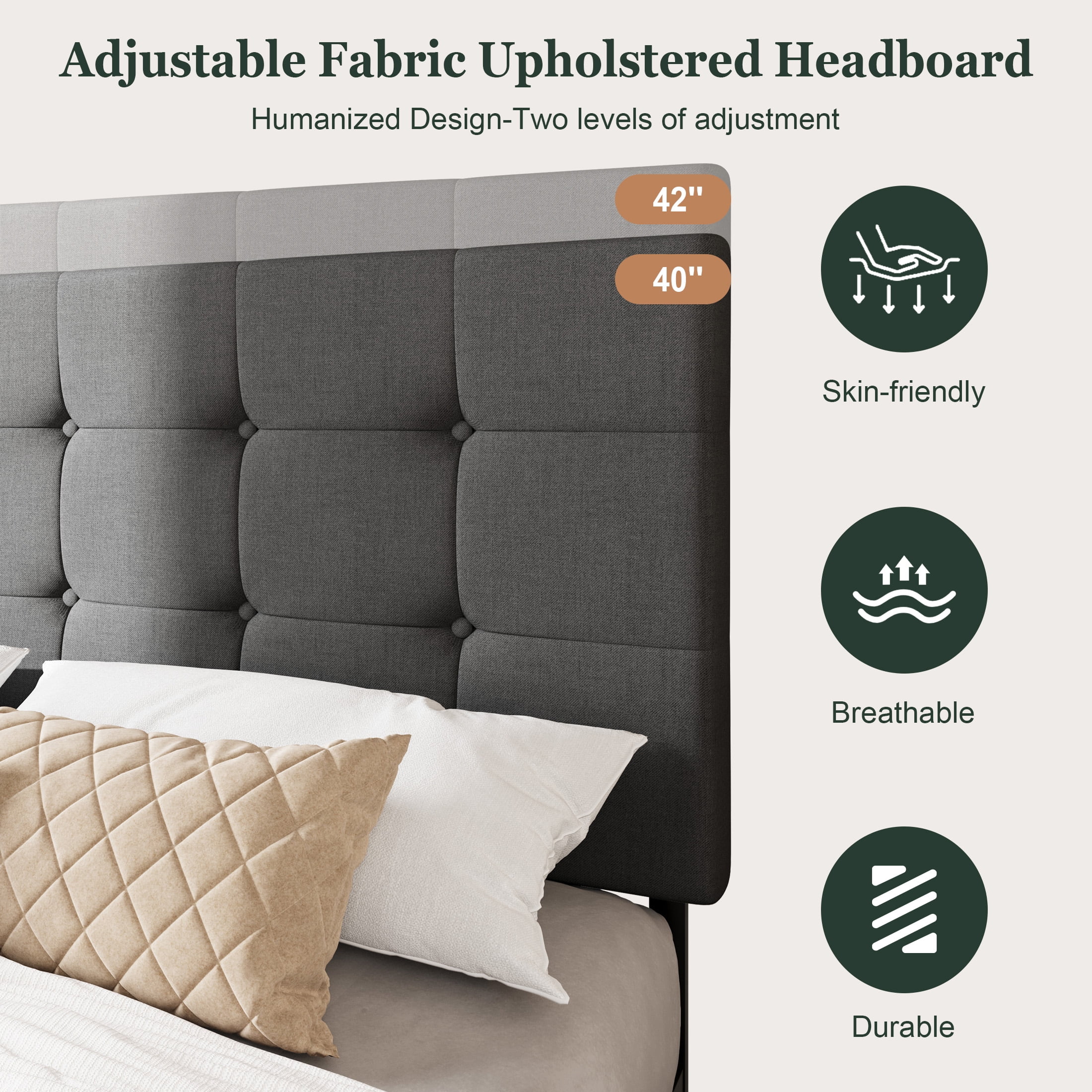 Amolife Queen Size Platform Bed Frame with Square-stitched Headboard and 4 Drawers, Dark Gray - Image 4