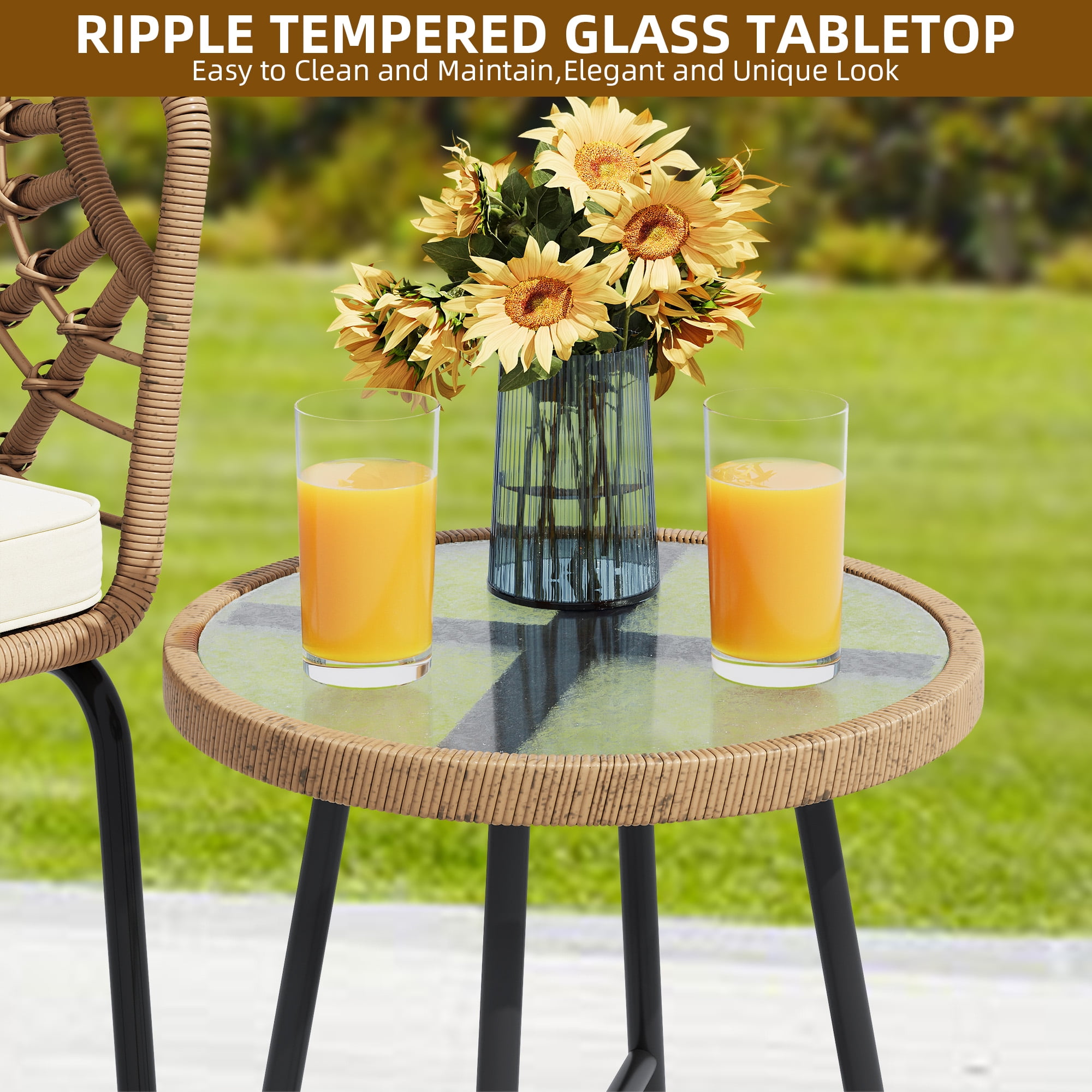 Dextrus 3-Piece Outdoor Patio Furniture Wicker Bistro Set, With 2 Chairs and Coffee Table,Cushions and Lumbar Pillows-Beige - Image 7