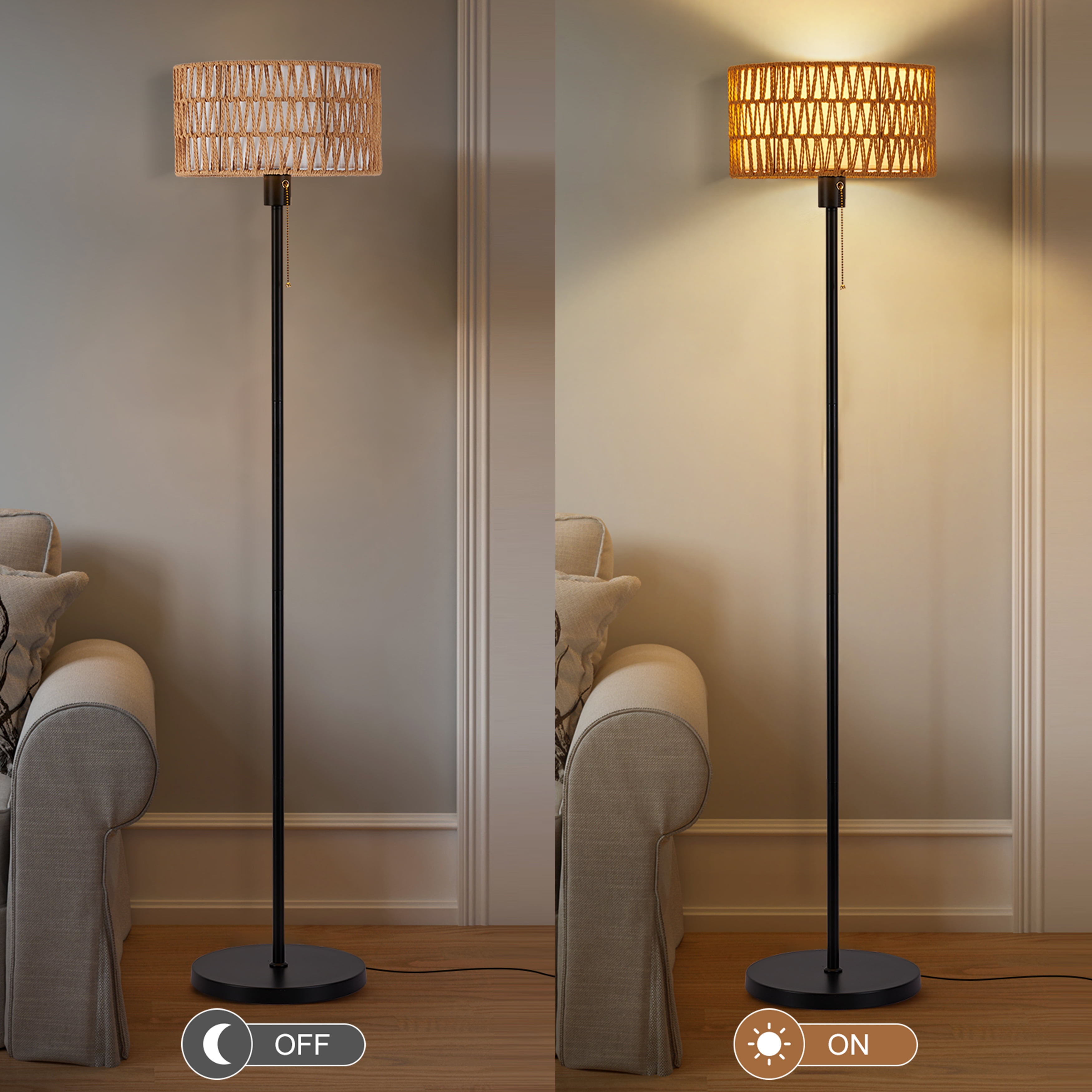 Rattan Floor Lamps for Living Room, Rattan Boho Floor Lamp, Black Metal Floor Lamp with Bulb, Rattan Fabric Double Shades, Farmhouse Rustic Floor Lamp, Standing Lamp for Living Room Bedroom Office - Image 8