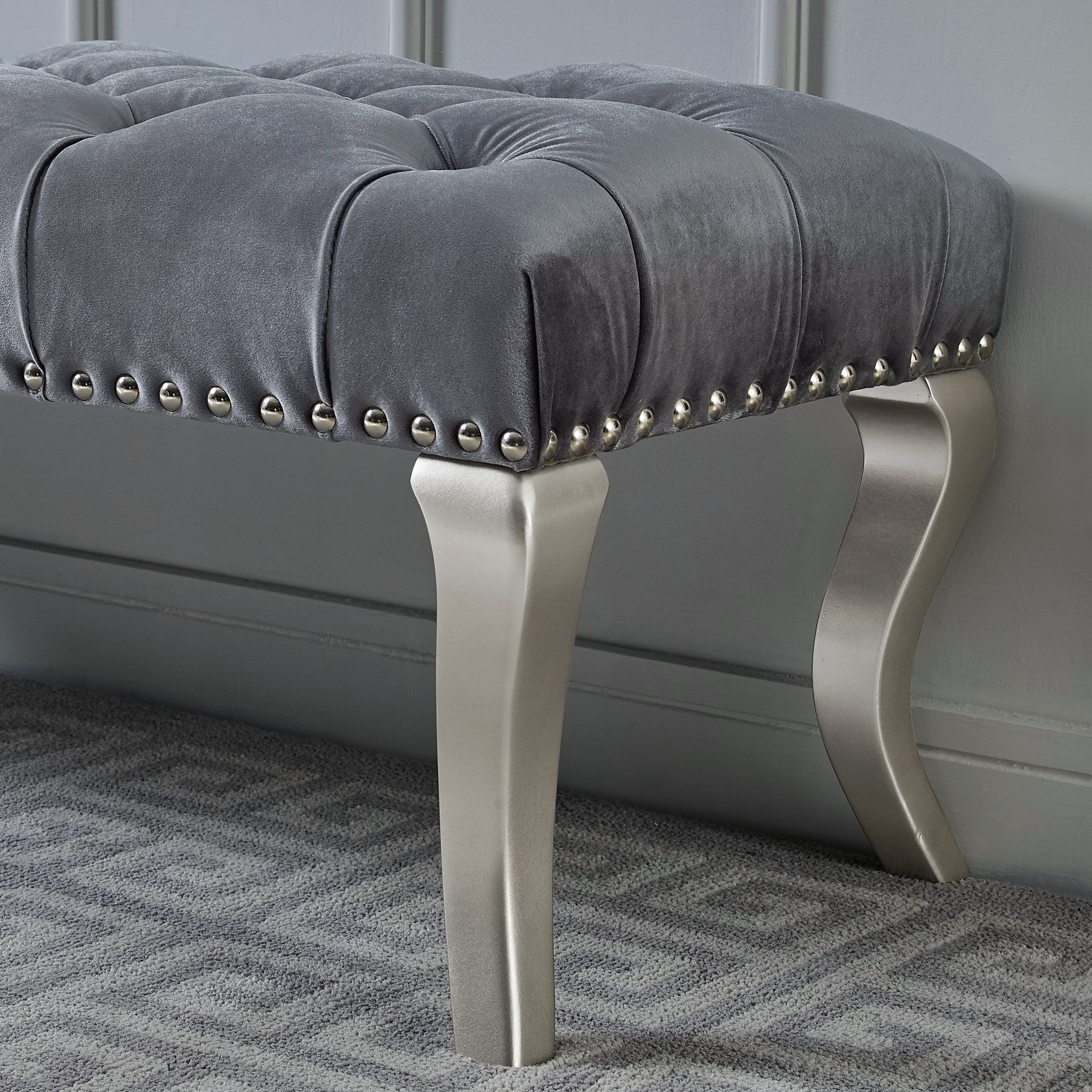 Roundhill Furniture Decor Maxem Fabric Upholstered Bench with Nailhead Gray - Image 10