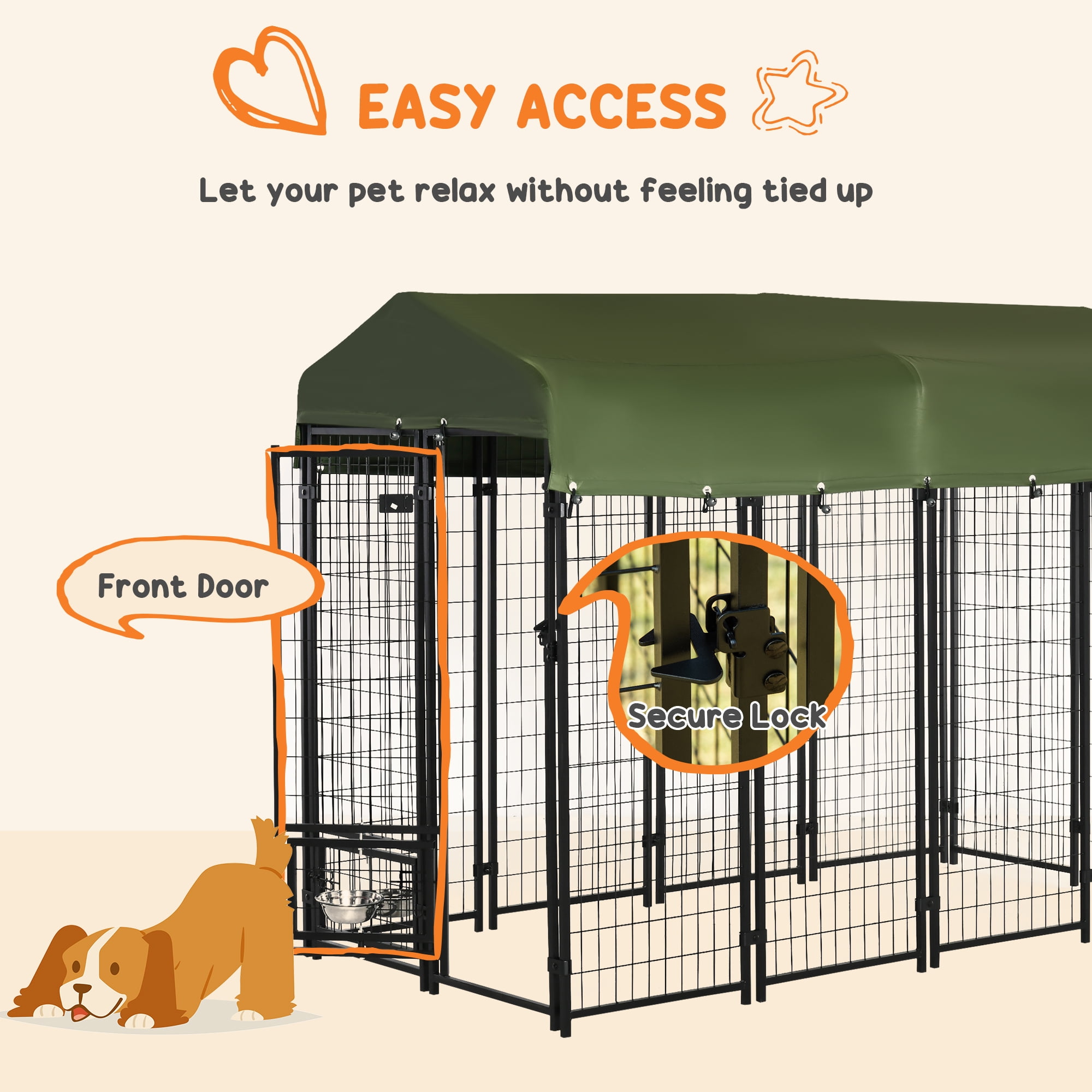 PawHut 8' x 4' x 6' Outdoor Dog Kennel with Rotating Bowl Holders, Walk-in Pet Playpen, Welded Wire Steel with Water and UV-Resistant Canopy, Green - Image 3