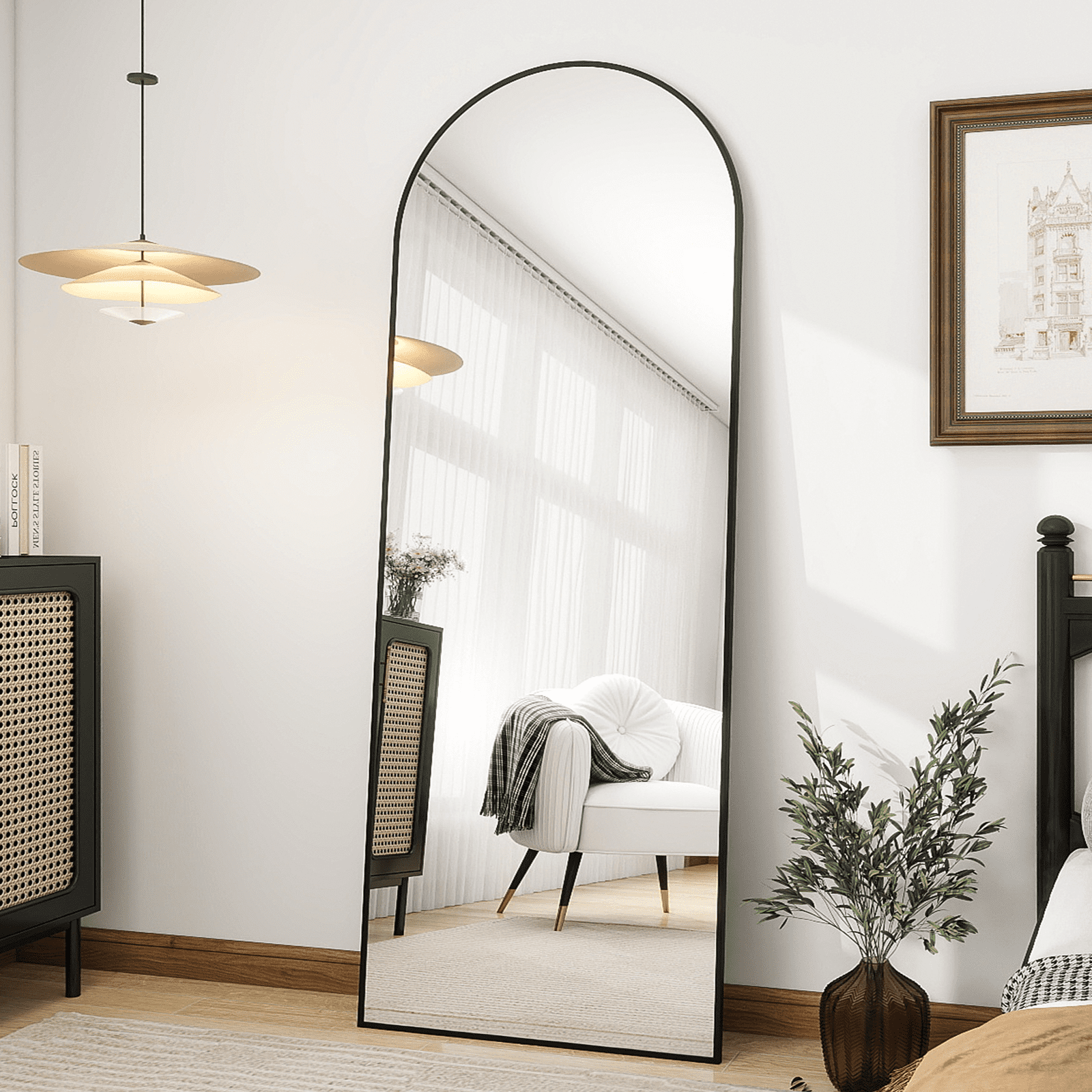 VLUSH 64"x21" Arched Full Length Mirror, Standing Floor Mirror Hanging or Leaning, Wall Mirror Aluminum Thin Frame for Bedroom (Black) - Image 6