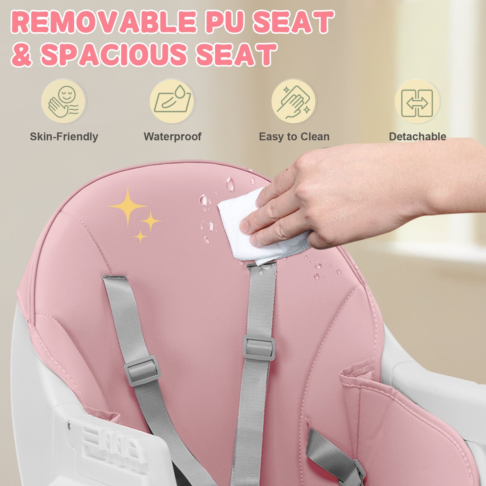 Ktaxon Baby High Chair, Convertible 6 in 1 High Chairs for Babies and Toddlers, Foldable Baby Highchair with 5-Point Safety Harness, Adjustable Dining Tray, Backrest & Height, Pink - Image 13