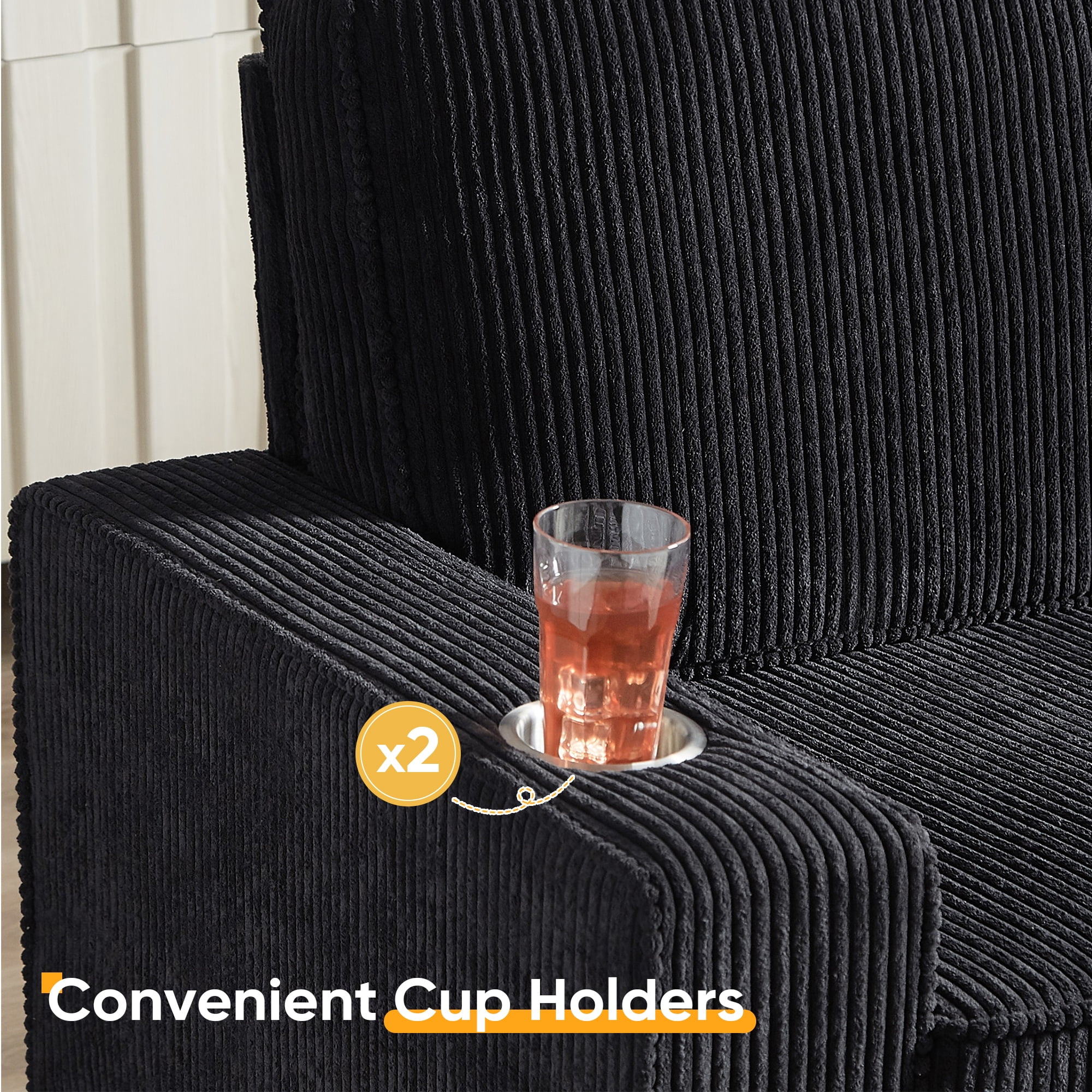 Lunale 83.9" Corduroy Sofa with Cup Holders, Modern 3-Seater Couch for Living Room, Black - Image 3
