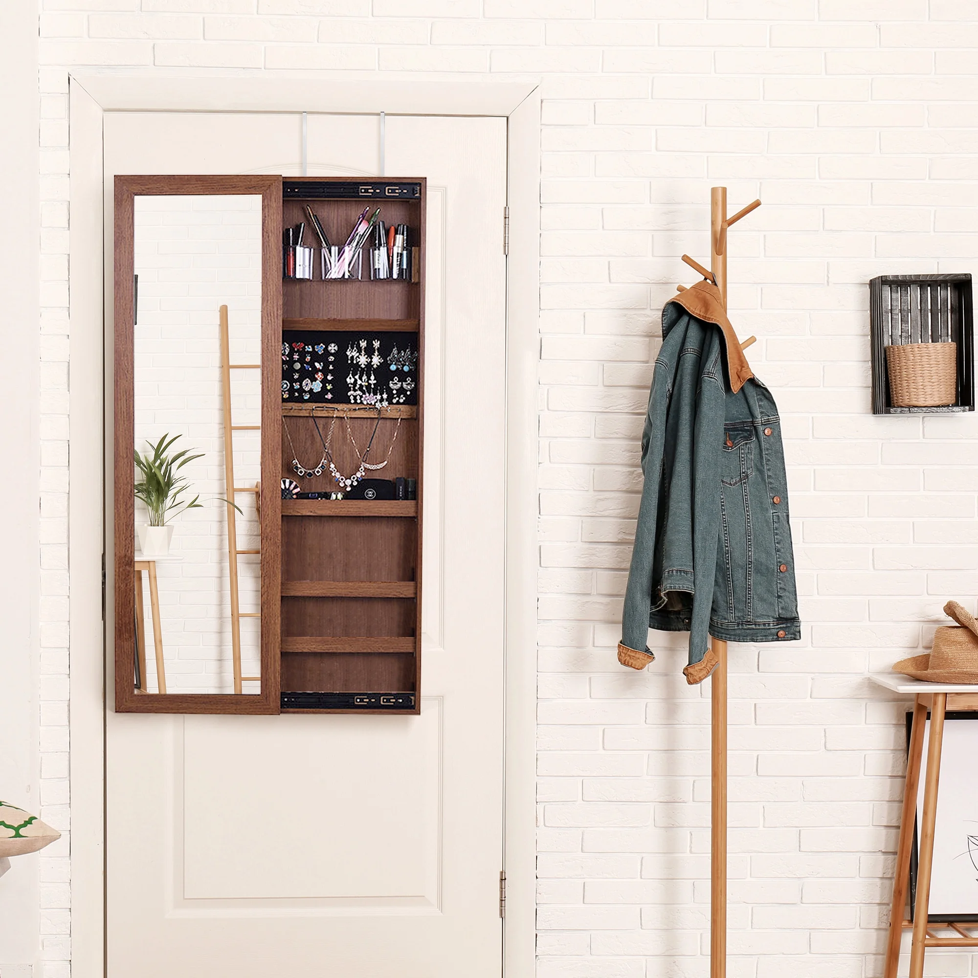 Over-The-Door Mirror, Lockable Jewelry Cabinet Armoire, Brown by Boho - Image 3