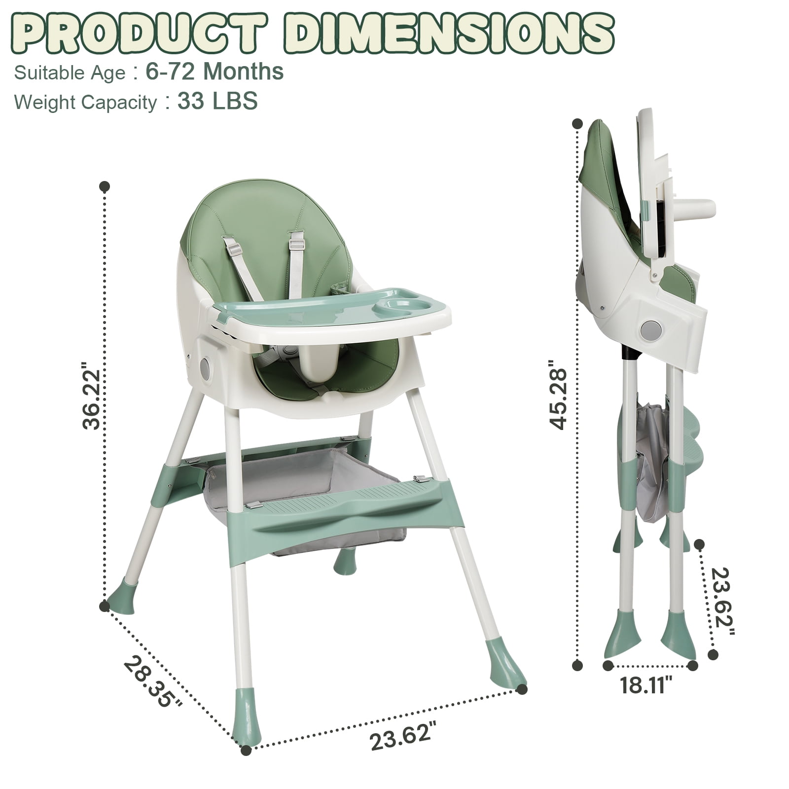 Ktaxon Baby High Chair, Convertible 6 in 1 High Chairs for Babies and Toddlers, Foldable Baby Highchair with 5-Point Safety Harness, Adjustable Dining Tray, Backrest & Height, Green - Image 9