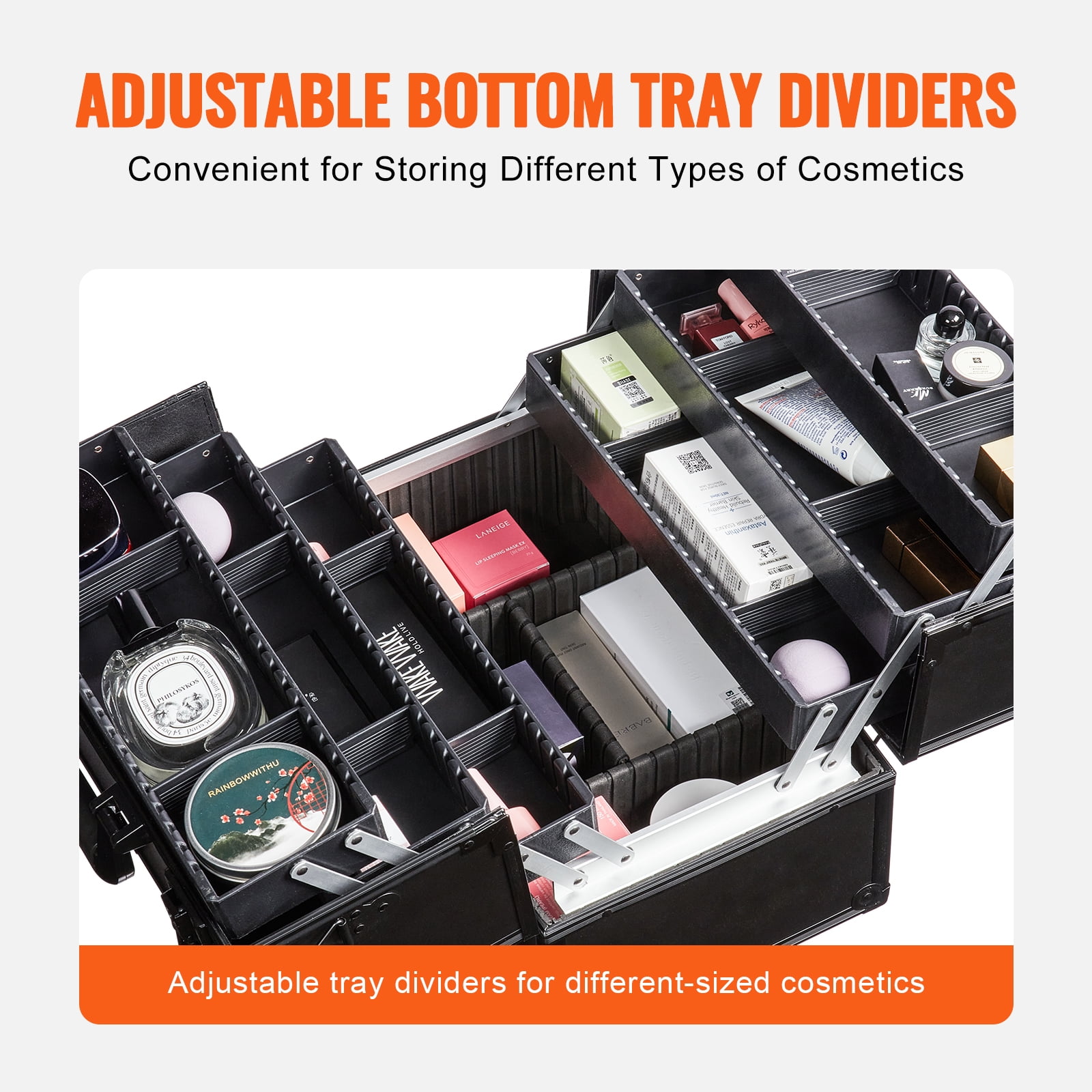 KFFKFF Beauty Storage Case 14.6 inch, Portable Large Cosmetic Container, 6 Layered Trays Professional Makeup Organizer Box, Carrier with Handle and Strap, Travel Case for Women and Girls - Black - Image 5