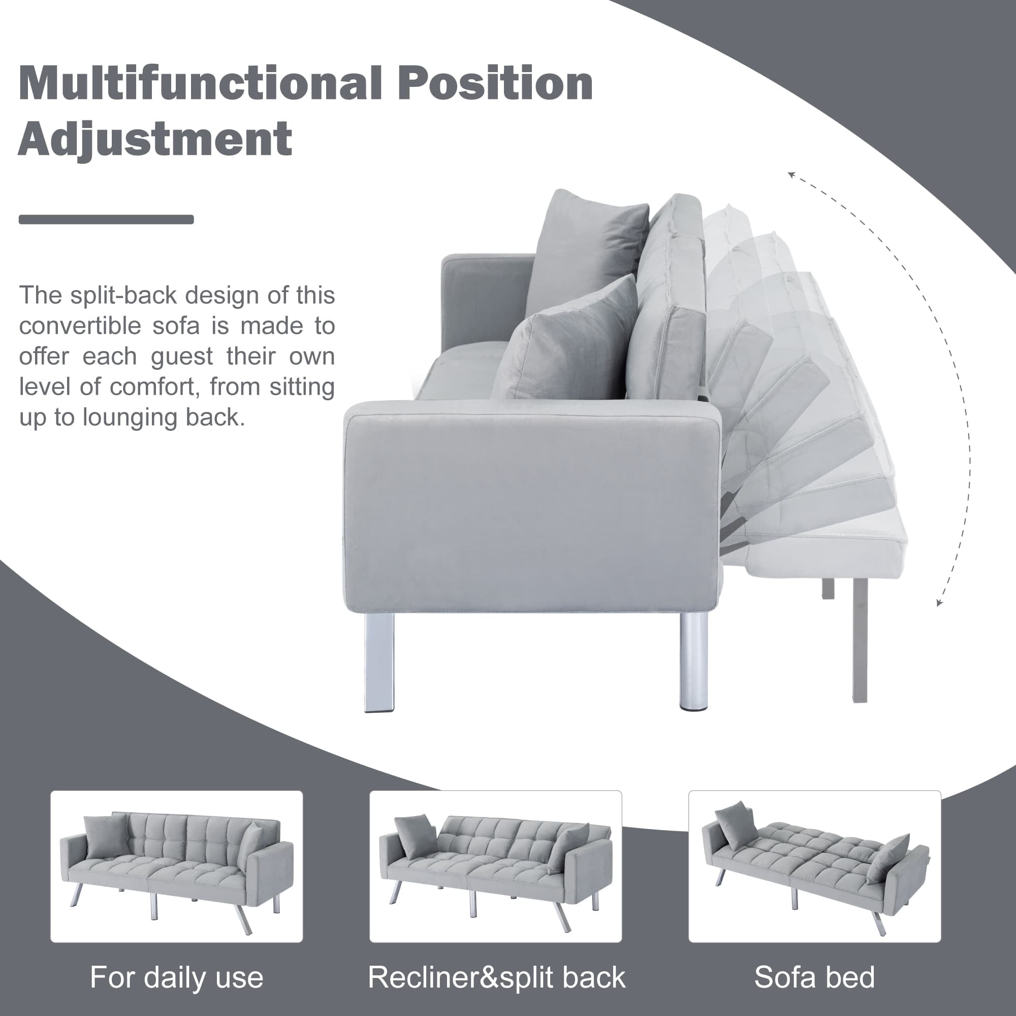 BSHTI 74” x 26.4” Futon Convertible Sofa, 3 Angles for Adjusting, Velvet Fabric, Square-Tufted Upholstery, with Silver Metal Legs, Twin Size Sleeper Sofa, Light Gray - Image 7