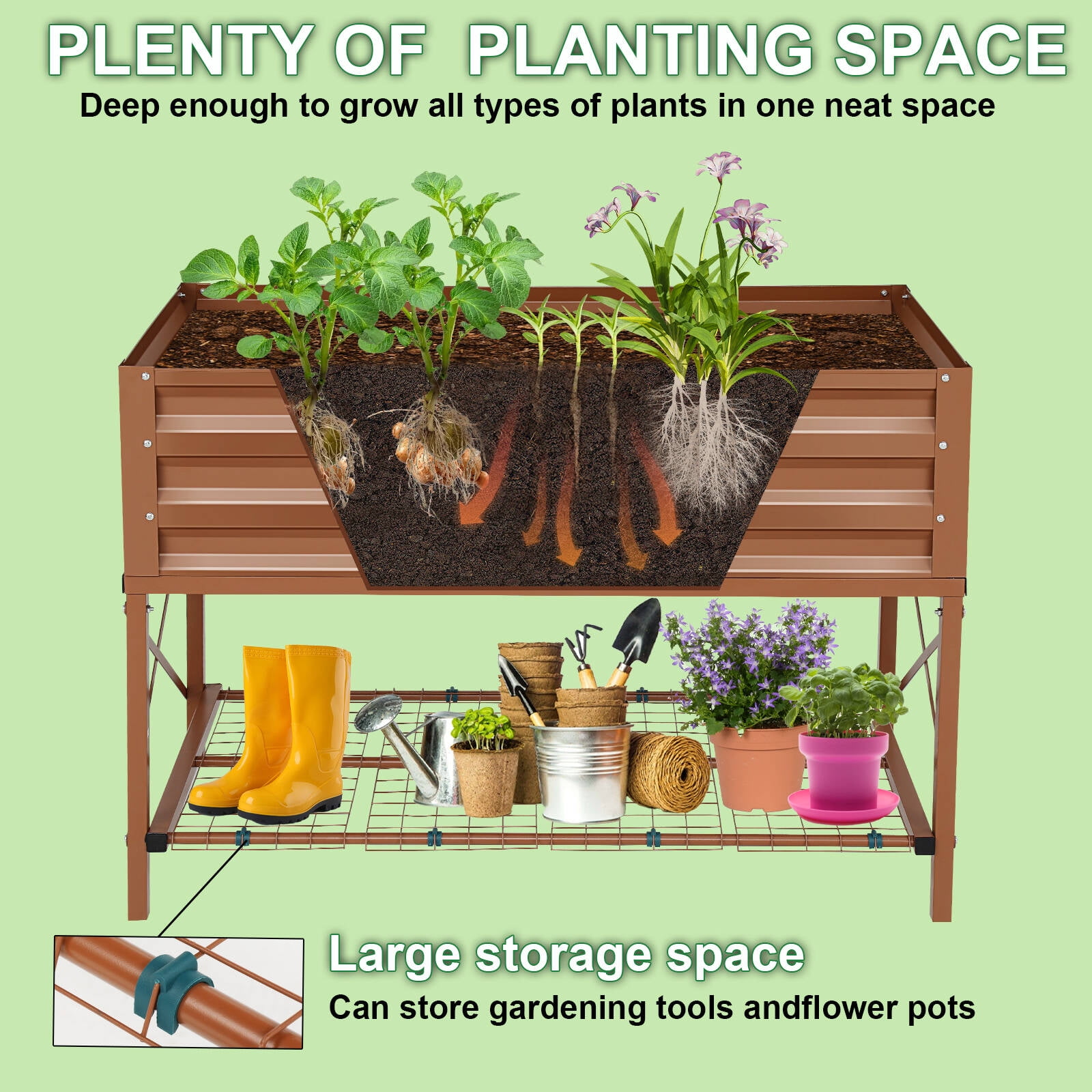 Farmdex Raised Garden Bed with Legs, Planter Box with Storage Shelf and Protective Liner, Outdoor Metal Elevated Garden Bed for Vegetables Flowers Backyard Garden- Brown - Image 2