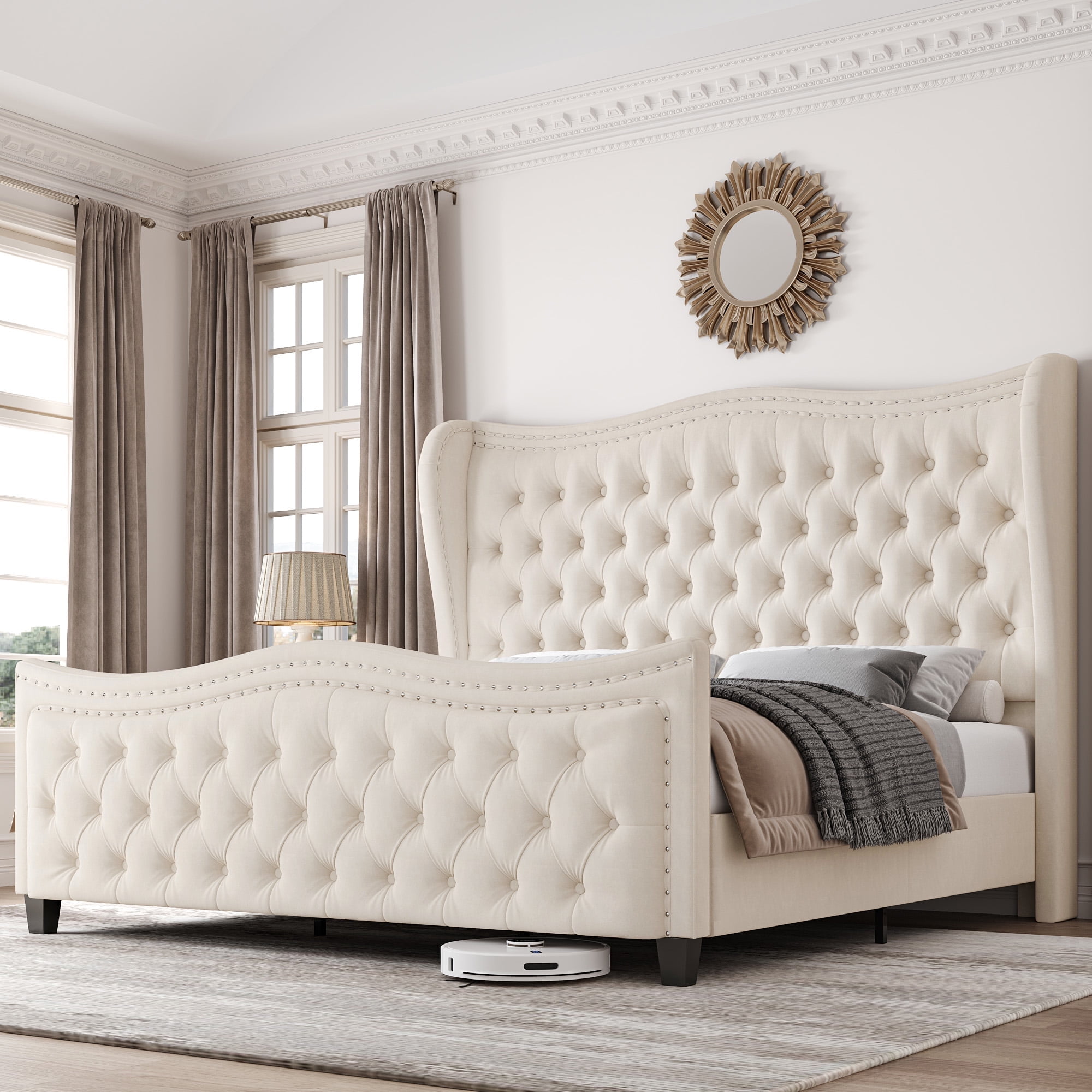 Homfa Queen Size Bed Frame, Modern Velvet Tufted Wingback Bed, Platform Bed with 55"H Upholstered Headboard, Off-White - Image 8