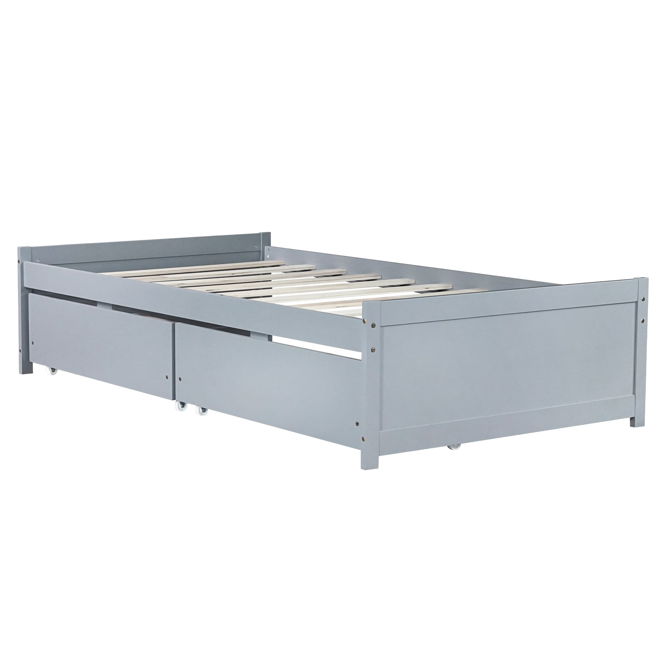 PORKISS Twin Bed Frame, Solid Wood Platform Bed with 2 Drawers, Pine Wood Bed for Kids Teens Adults, No Box Spring Needed, Grey - Image 6