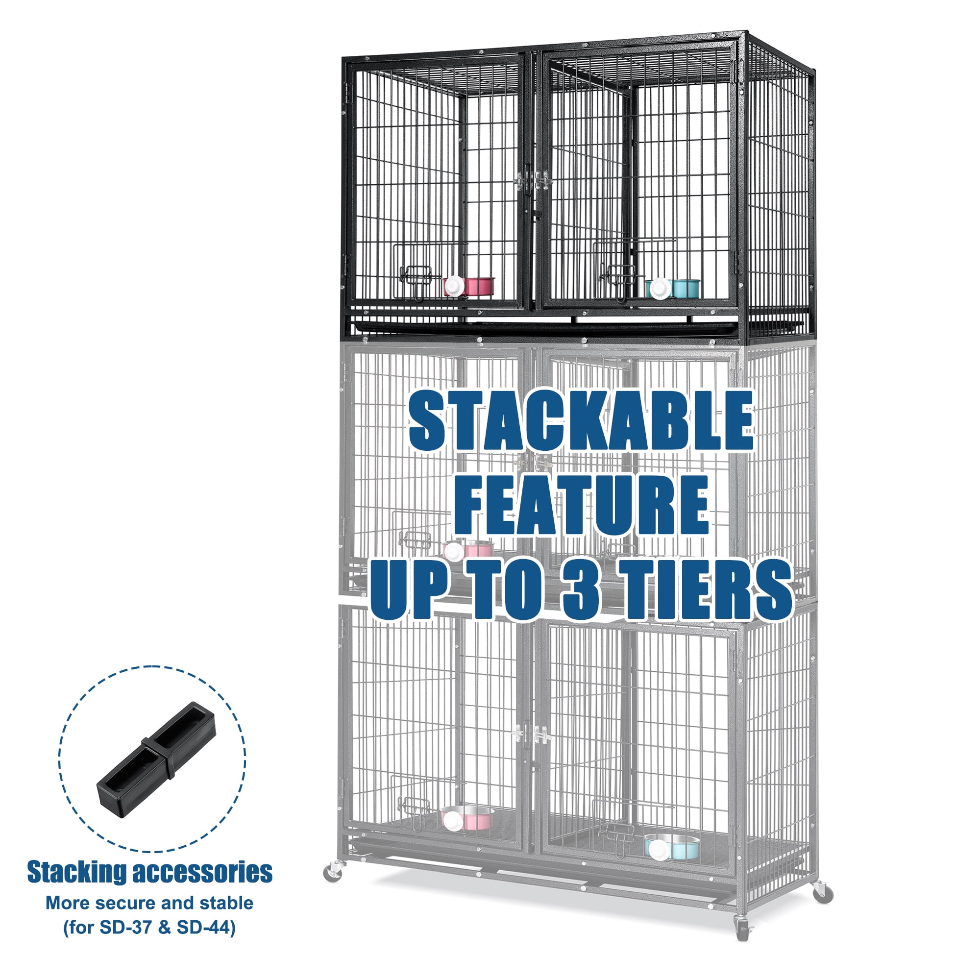 Suchown Heavy Duty Dog Crate – 44 Inch Escape-Proof Steel Cage for Small to Large Dogs, Stackable Metal Kennel with Double Door, Lockable Wheels, Removable Tray & Feeding Bowls, Indoor/Outdoor Use - Image 7