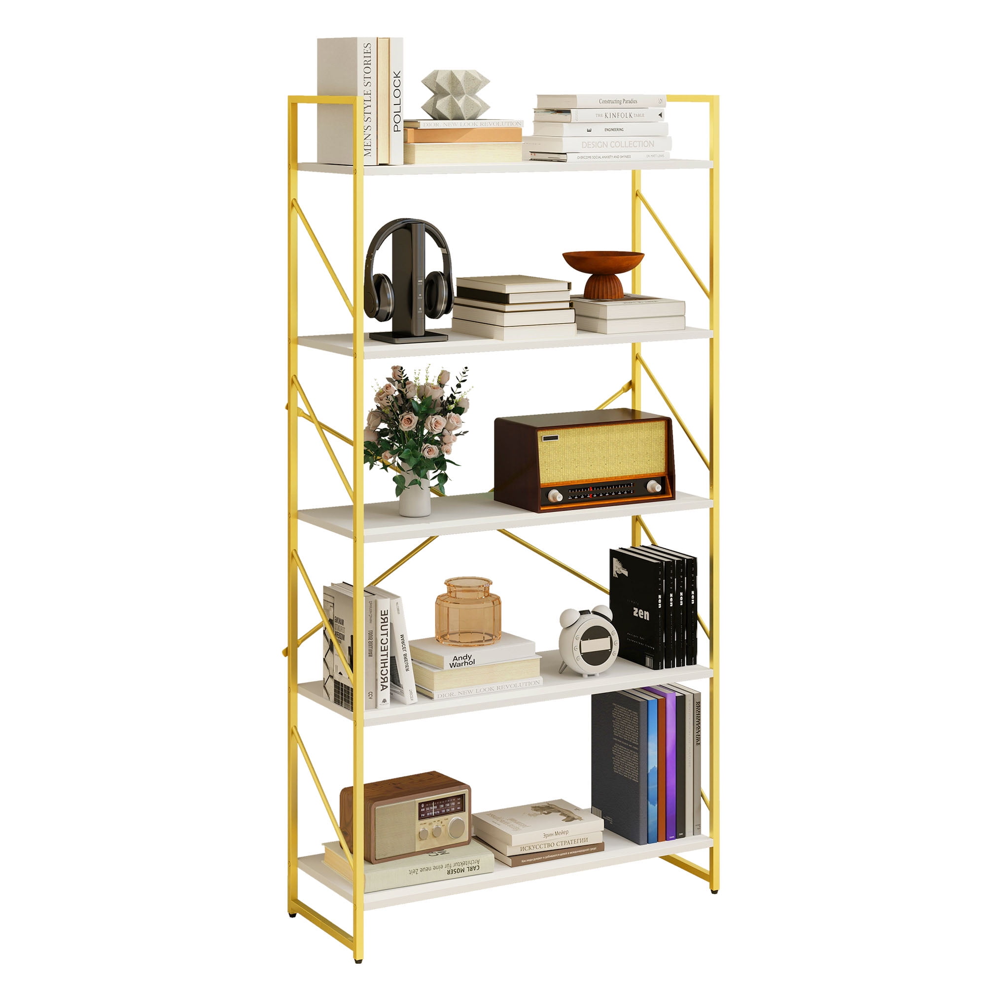 Dextrus 5 Tiers Bookshelf and Bookcase, Modern Wide Gold Bookcase, Open Storage Book Shelves for Living Room Bedroom, Gold - Image 9