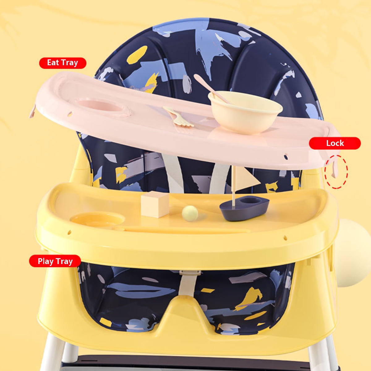 PUEDO 4-in-1 Baby High Chair Portable Toddler Dining Chairs Eat & Play Convertible Highchair with Adjustable Tray, Yellow & Blue - Image 6