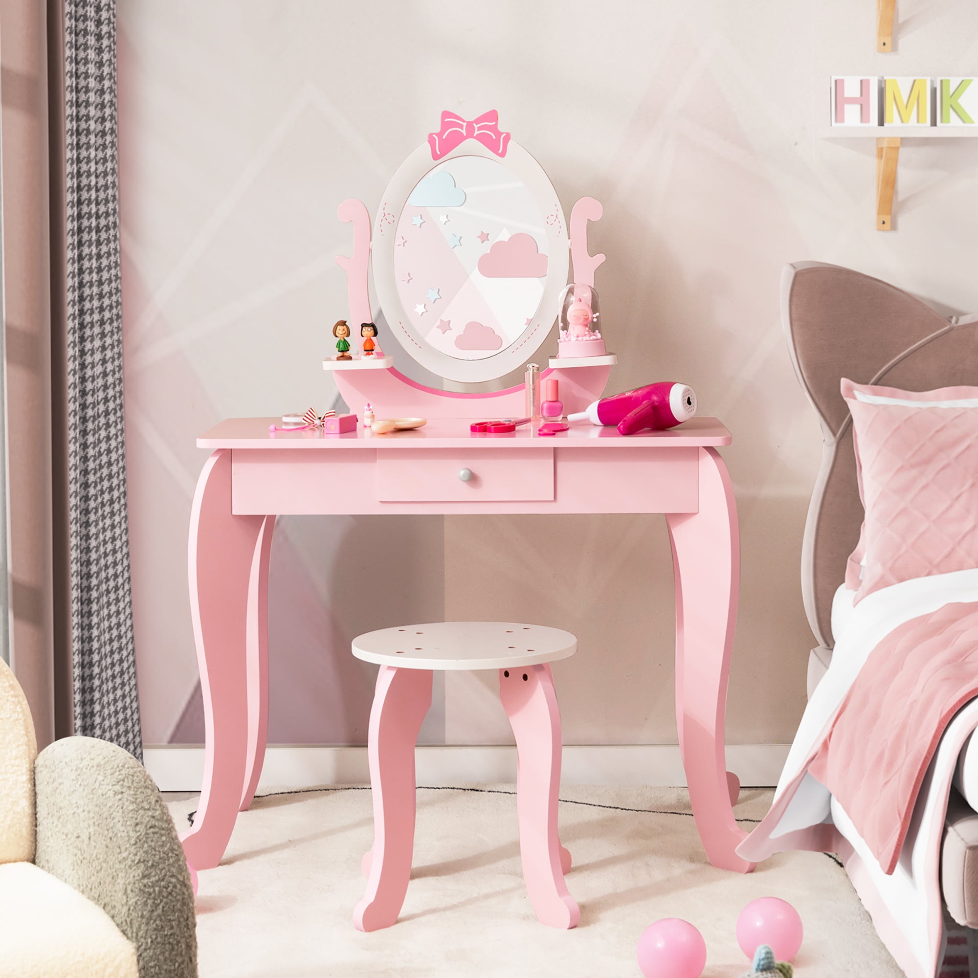 Costway Kid Vanity Table Stool Set with Adjustable Mirror Storage Drawer Makeup Pink - Image 2