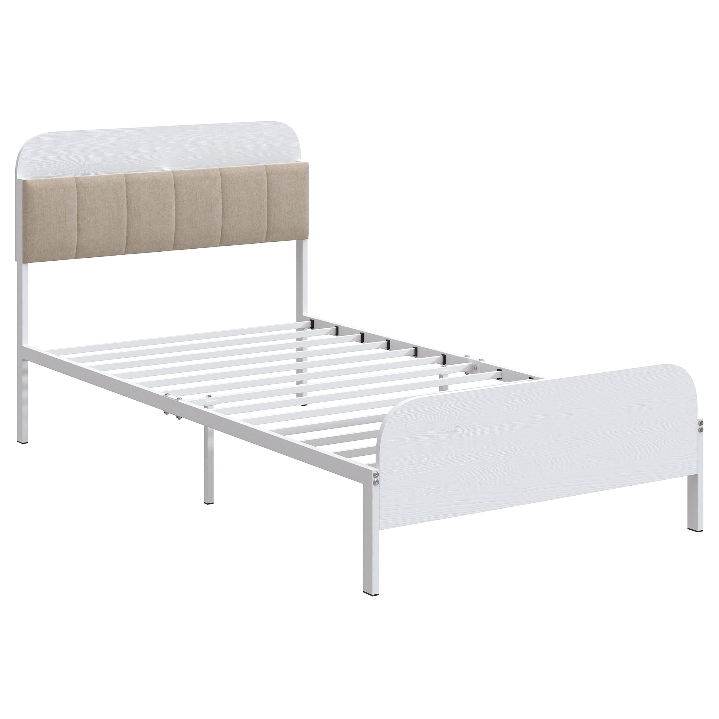 Yoneston Kids Twin Platform Bed with Upholstered Bookcase Headboard Storage Shelves, Metal Bed Frame Easy Assembly for Boys Girls Teens, White - Image 4