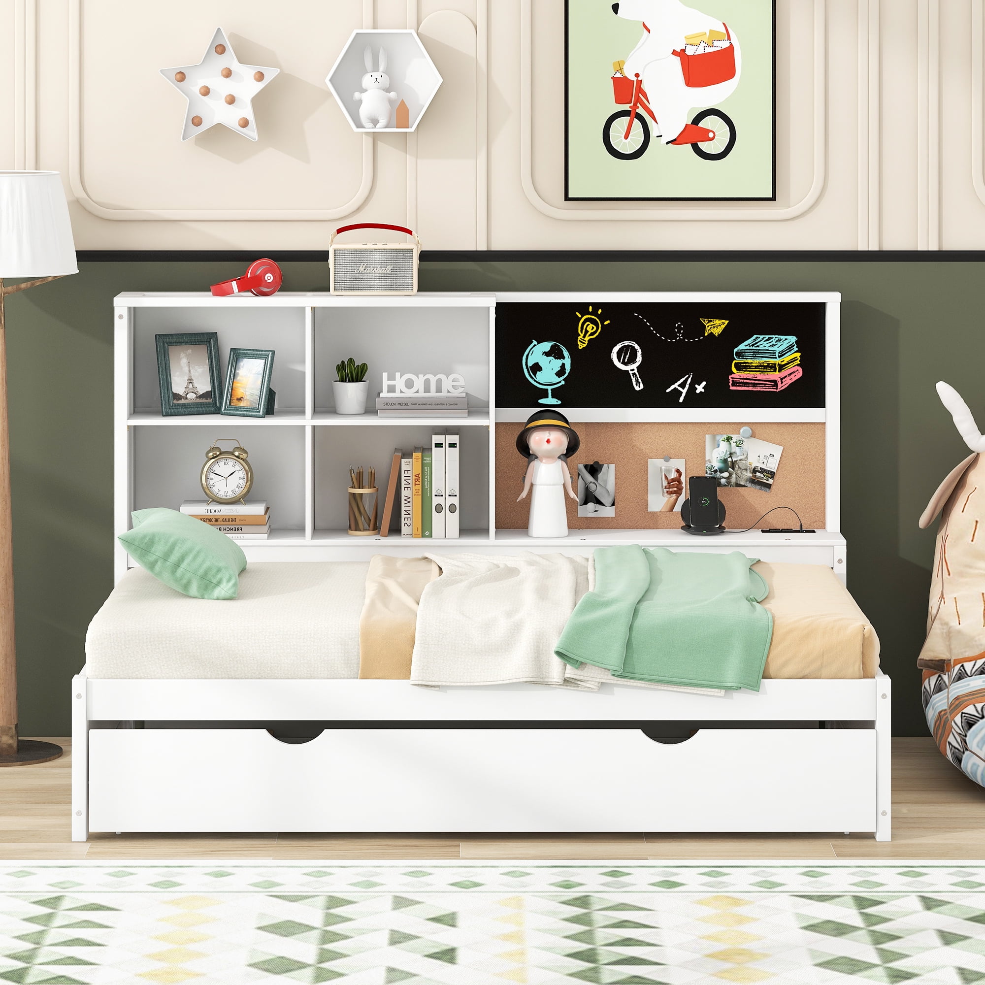 Euroco Wood Twin Size Daybed,Captain Bed with Blackboard,Cork Board,USB Charging - Image 13