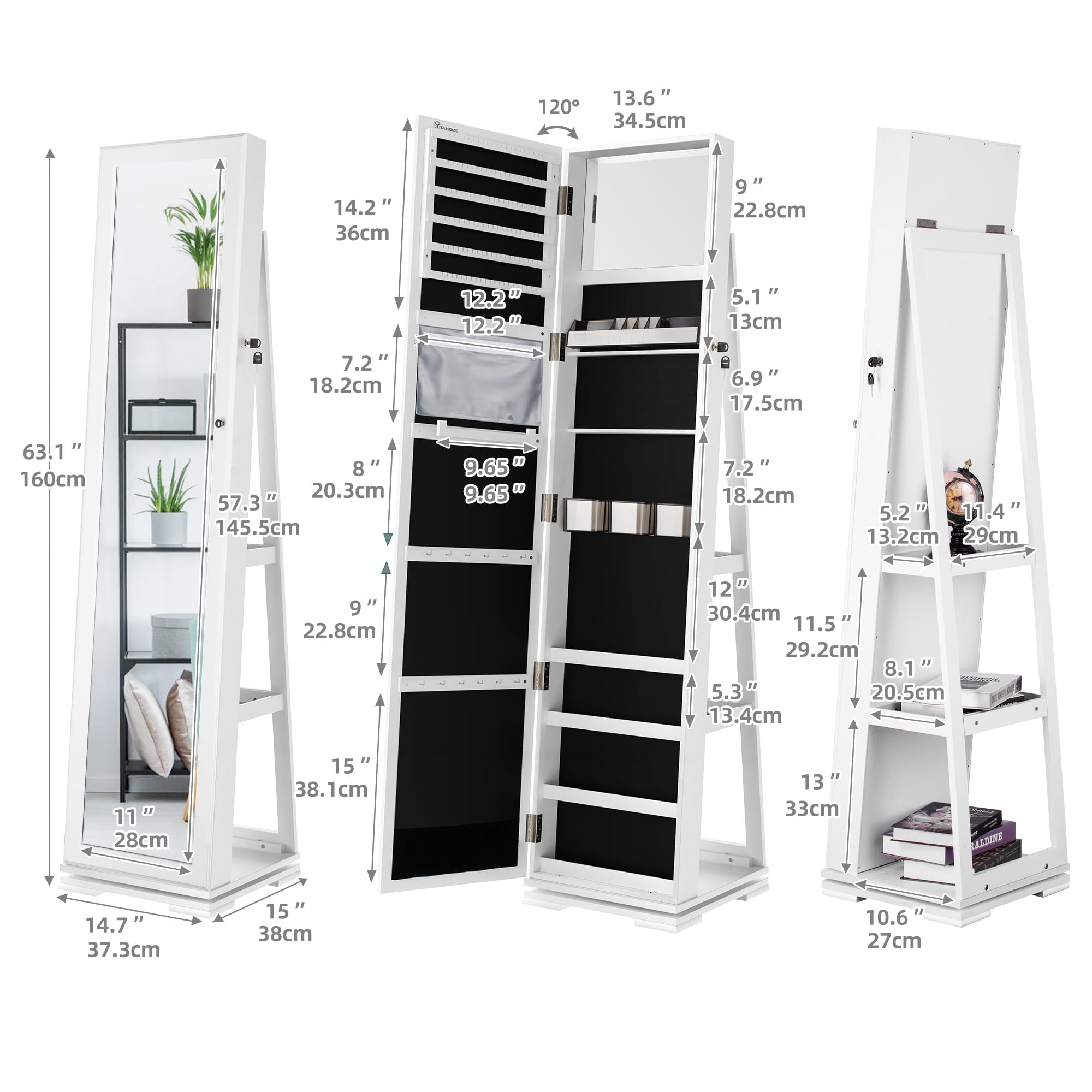Dextrus Mirror Jewelry Cabinet 360° Rotating Jewelry Armoire Storage Box w/ Full Length Mirror Jewelry Organizer - White - Image 2